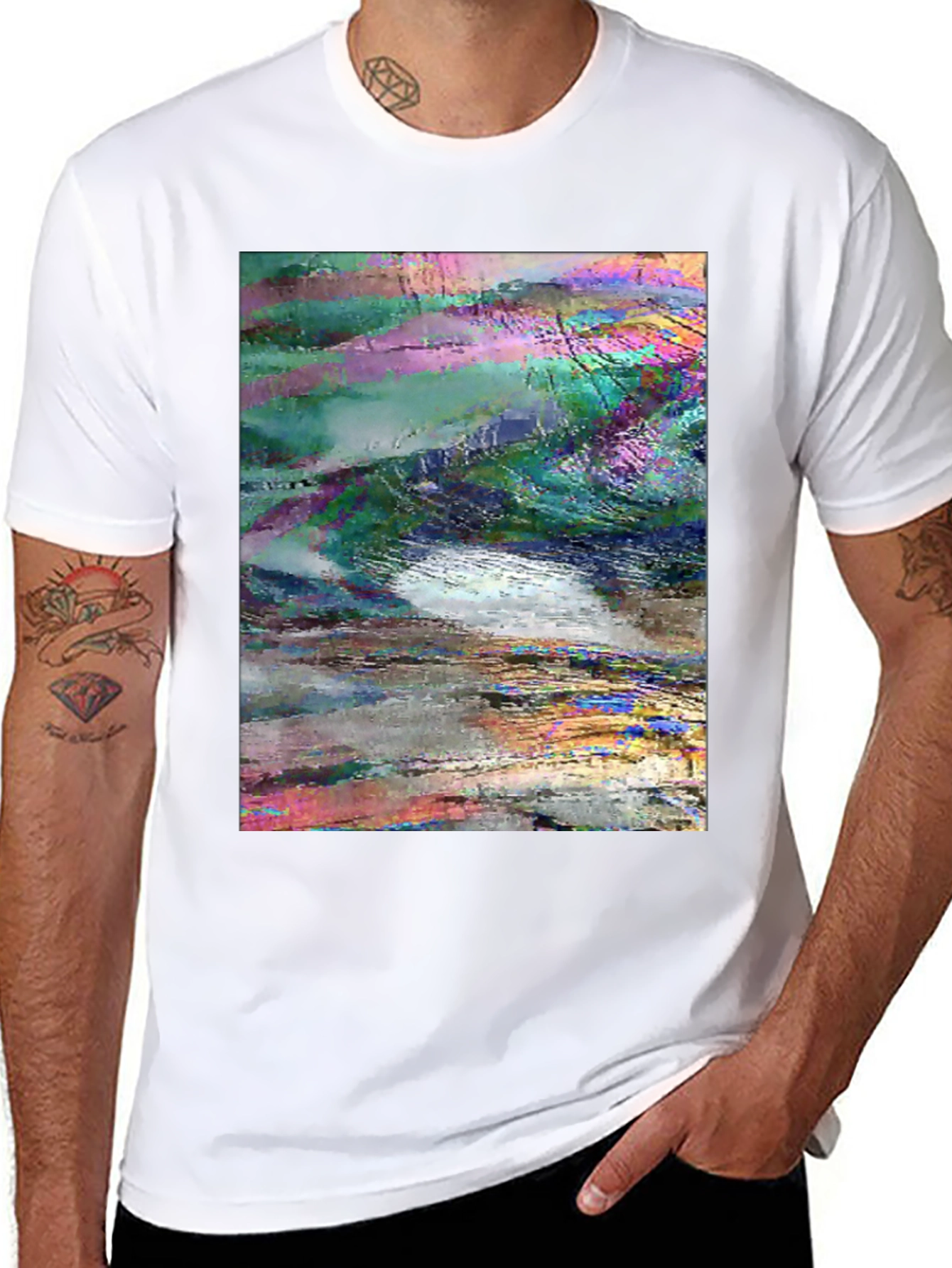 Abstract Glitch Art Graphic Tee - Black