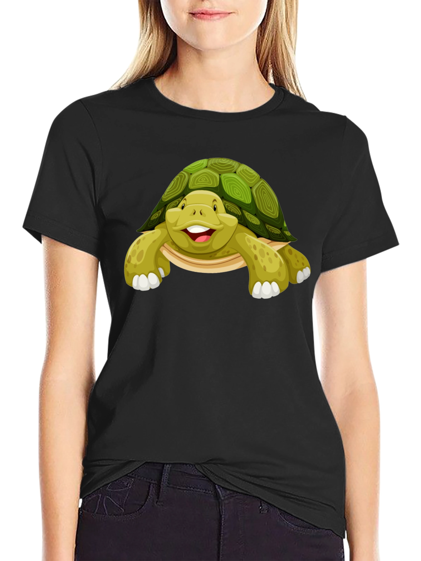 Cute Turtle Graphic Tee - Black Cotton T-Shirt