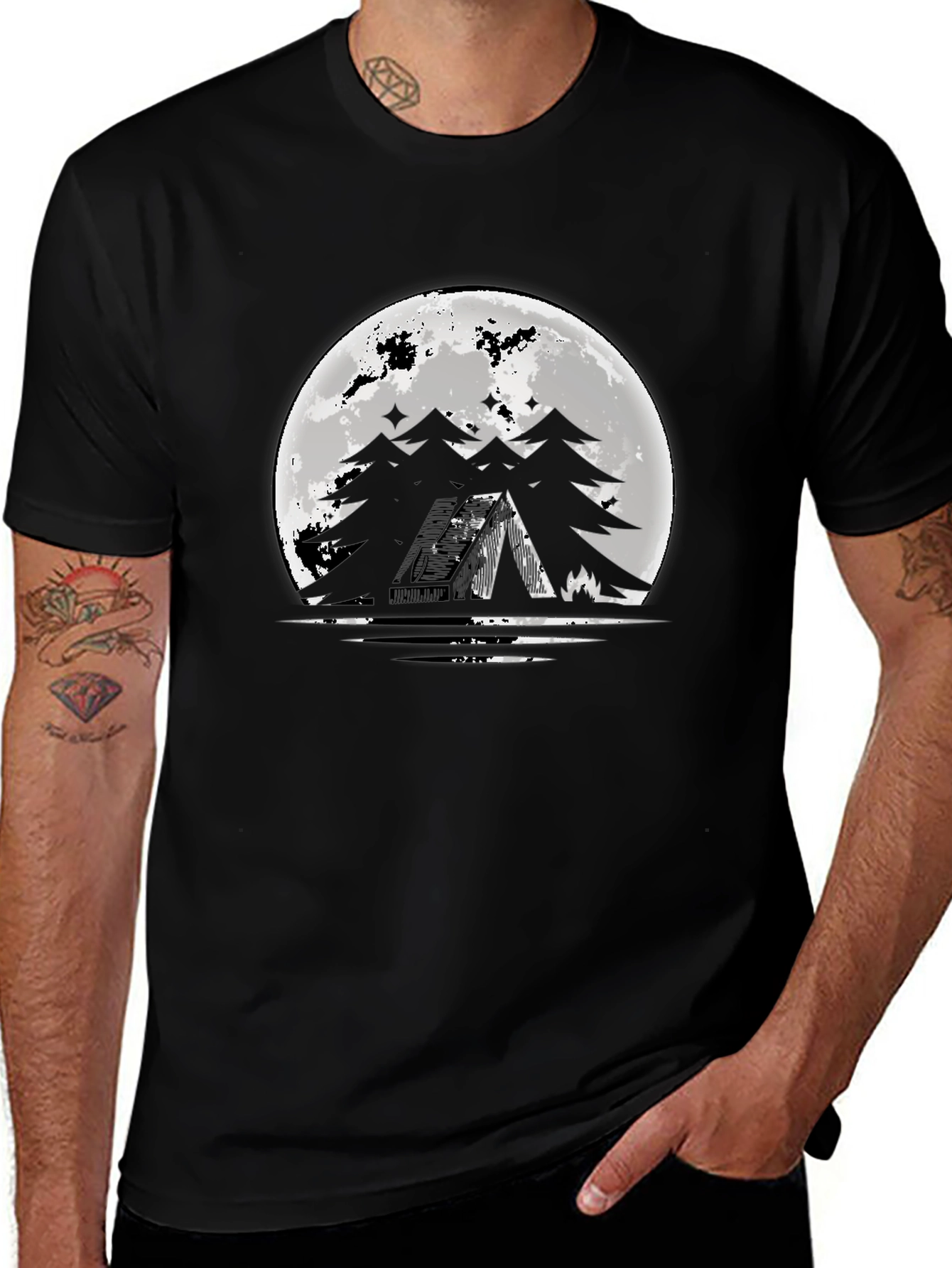 Moonlit Camping Graphic Tee - Black Cotton T-Shirt