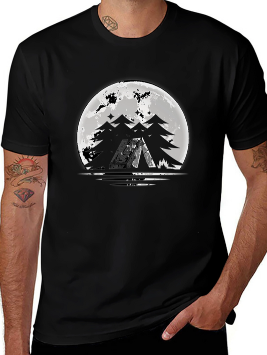 Moonlit Camping Graphic Tee - Black Cotton T-Shirt