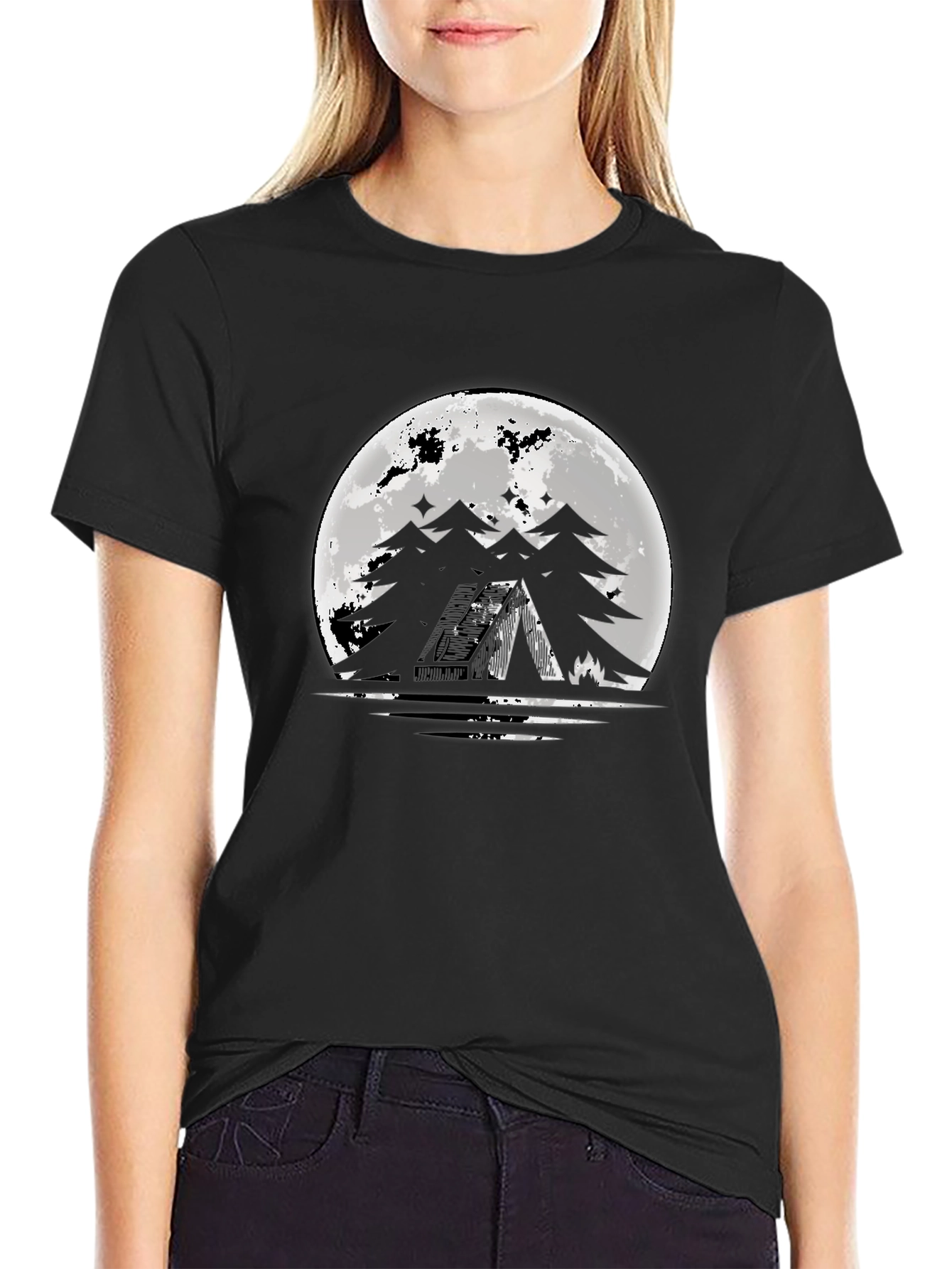 Moonlit Camping Graphic Tee - Black Cotton T-Shirt
