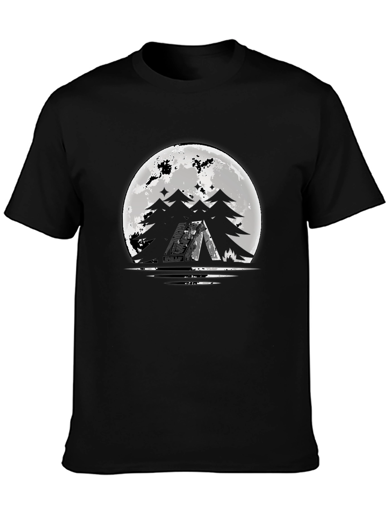 Moonlit Camping Graphic Tee - Black Cotton T-Shirt