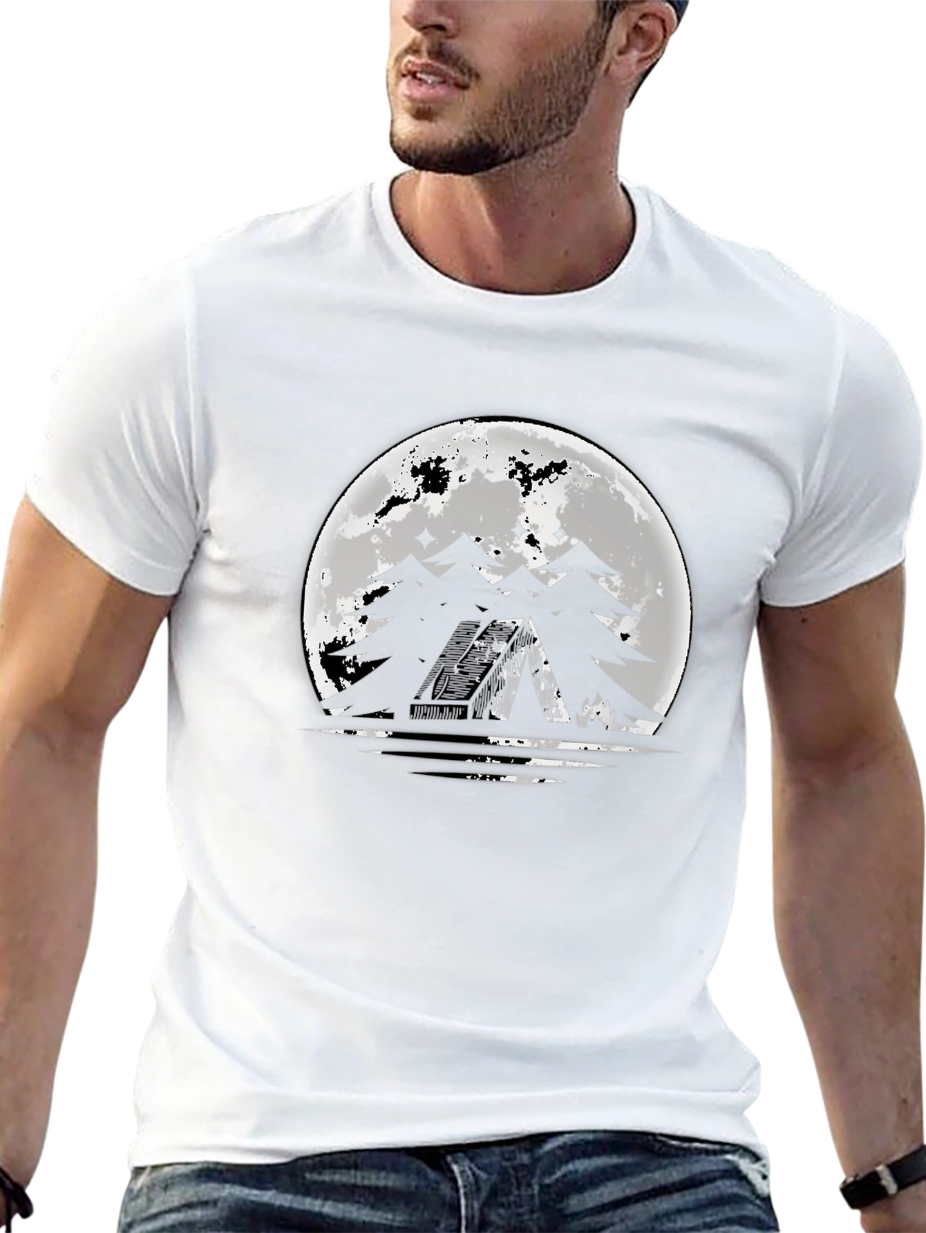 Moonlit Camping Graphic Tee - Black Cotton T-Shirt
