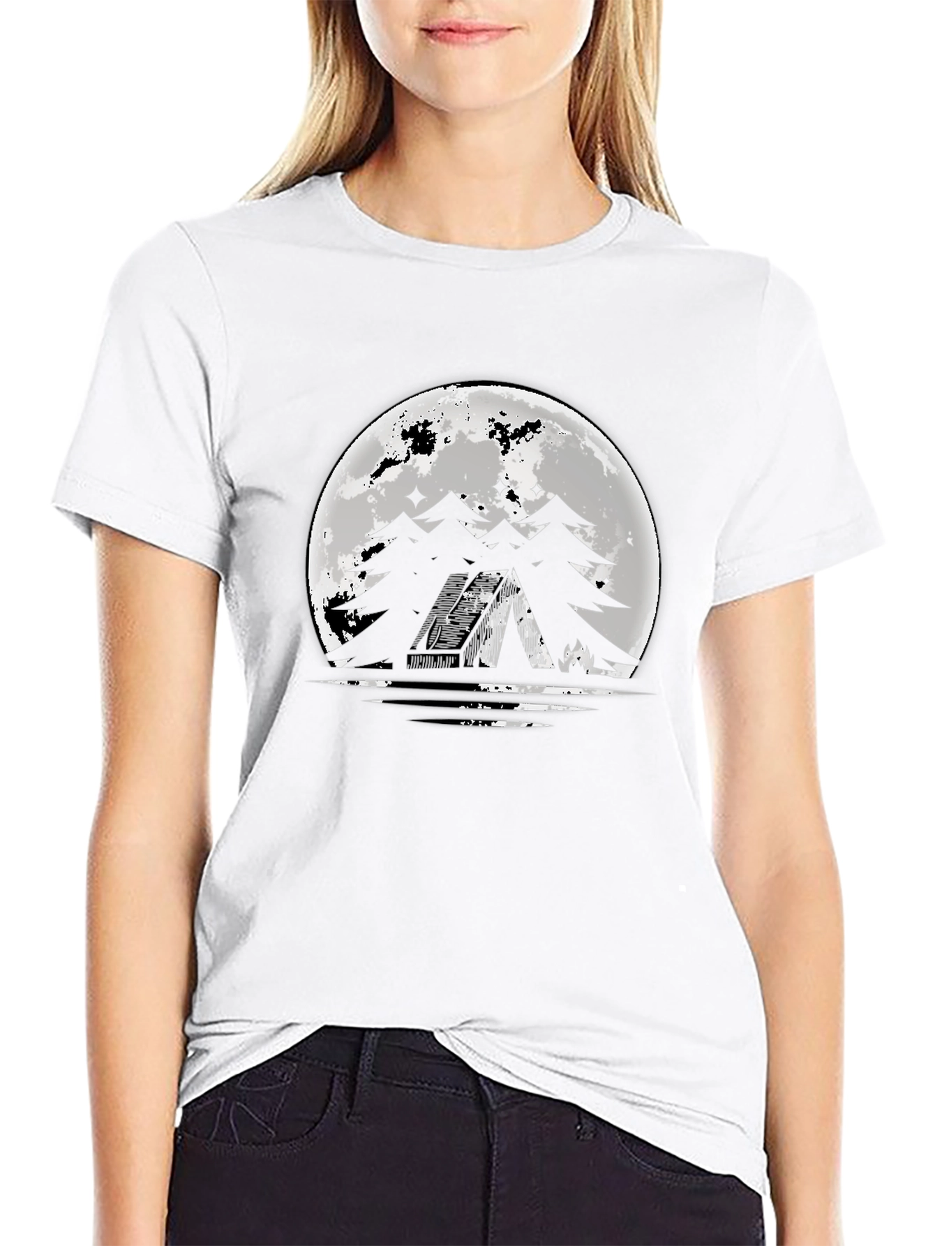 Moonlit Camping Graphic Tee - Black Cotton T-Shirt