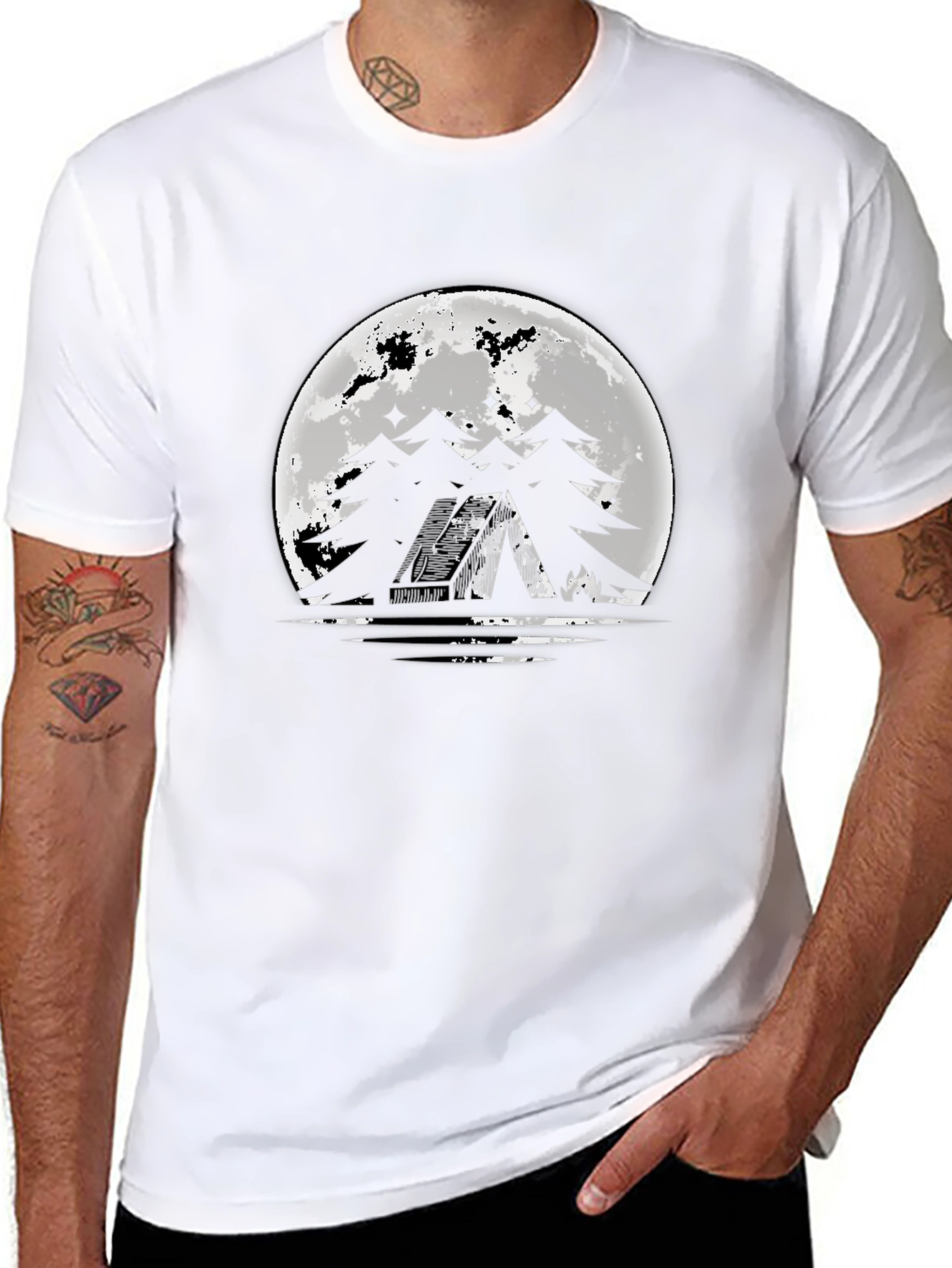 Moonlit Camping Graphic Tee - Black Cotton T-Shirt
