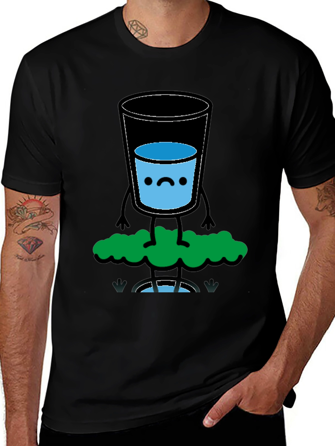 Funny Water Glass Graphic Tee - Black Cotton T-Shirt
