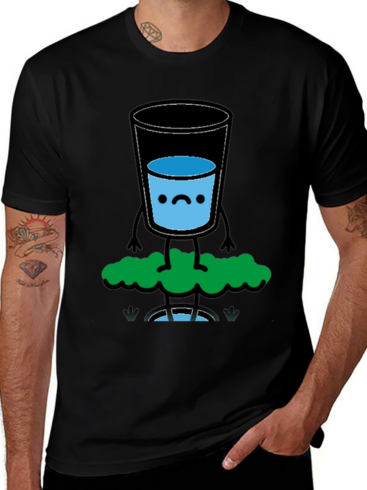 Funny Water Glass Graphic Tee - Black Cotton T-Shirt