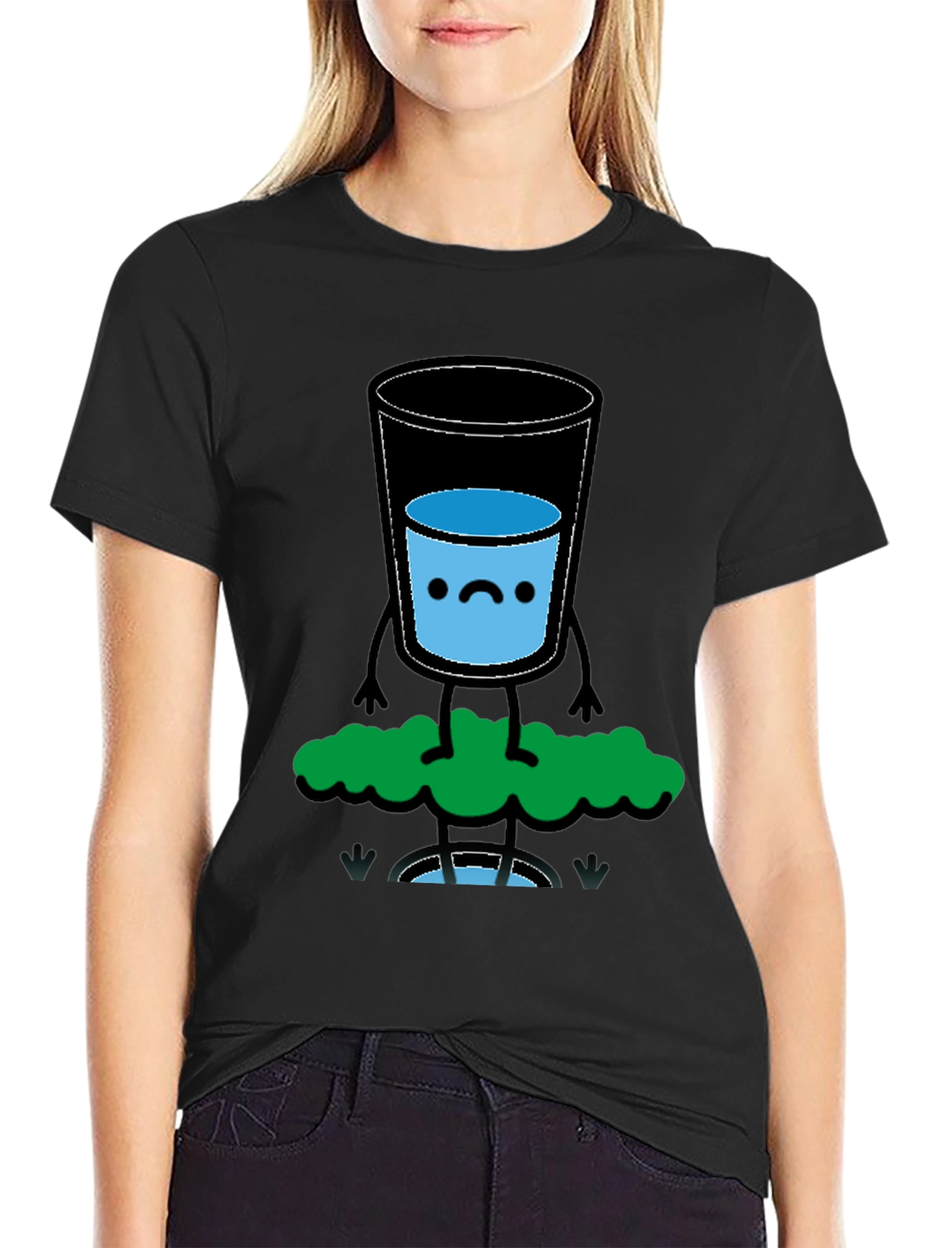 Funny Water Glass Graphic Tee - Black Cotton T-Shirt