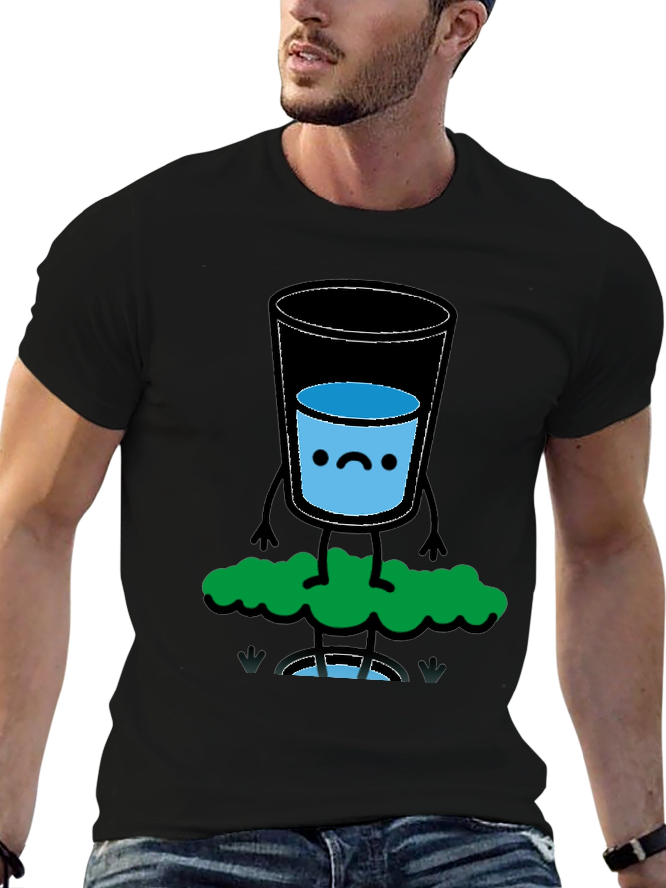 Funny Water Glass Graphic Tee - Black Cotton T-Shirt
