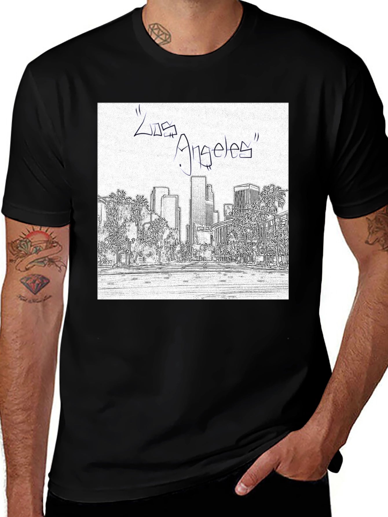 Los Angeles Skyline Sketch Black T-Shirt