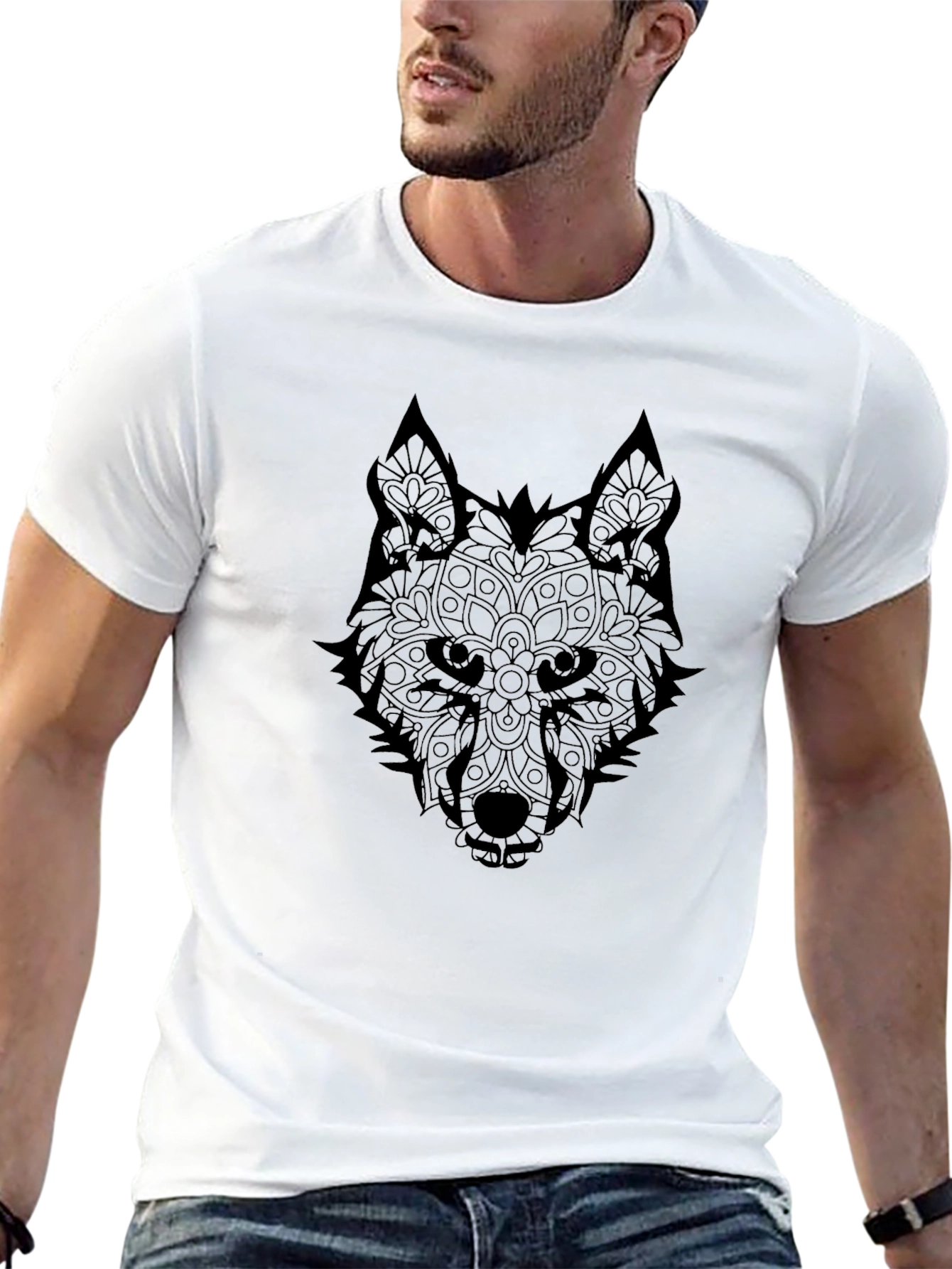 Wolf Mandala Graphic T-Shirt - Stylish Black Tee