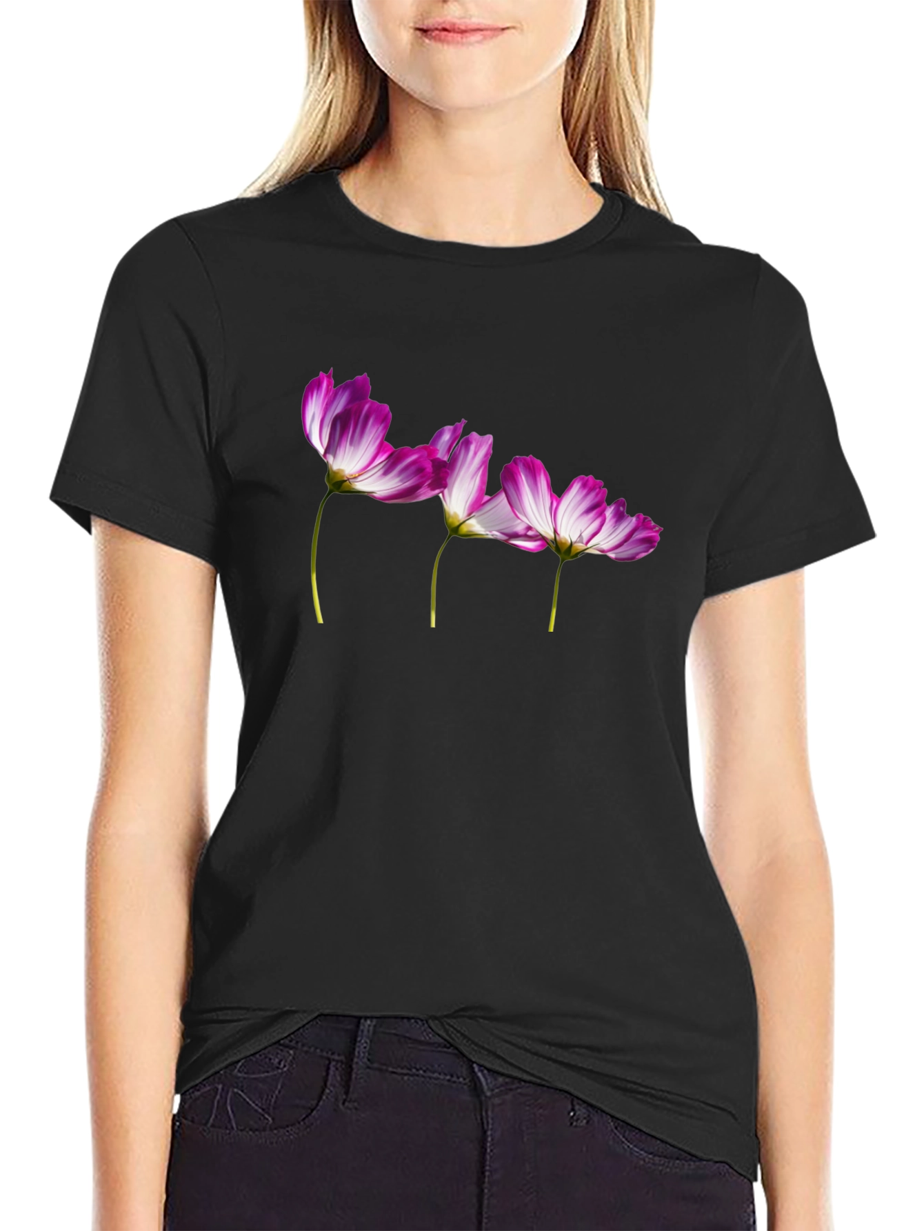 Floral Print T-Shirt - Black Casual Tee