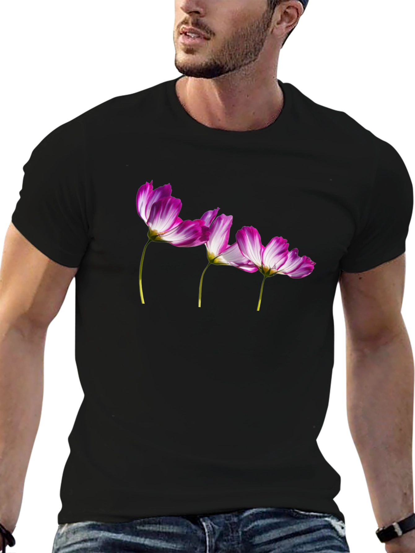 Floral Print T-Shirt - Black Casual Tee