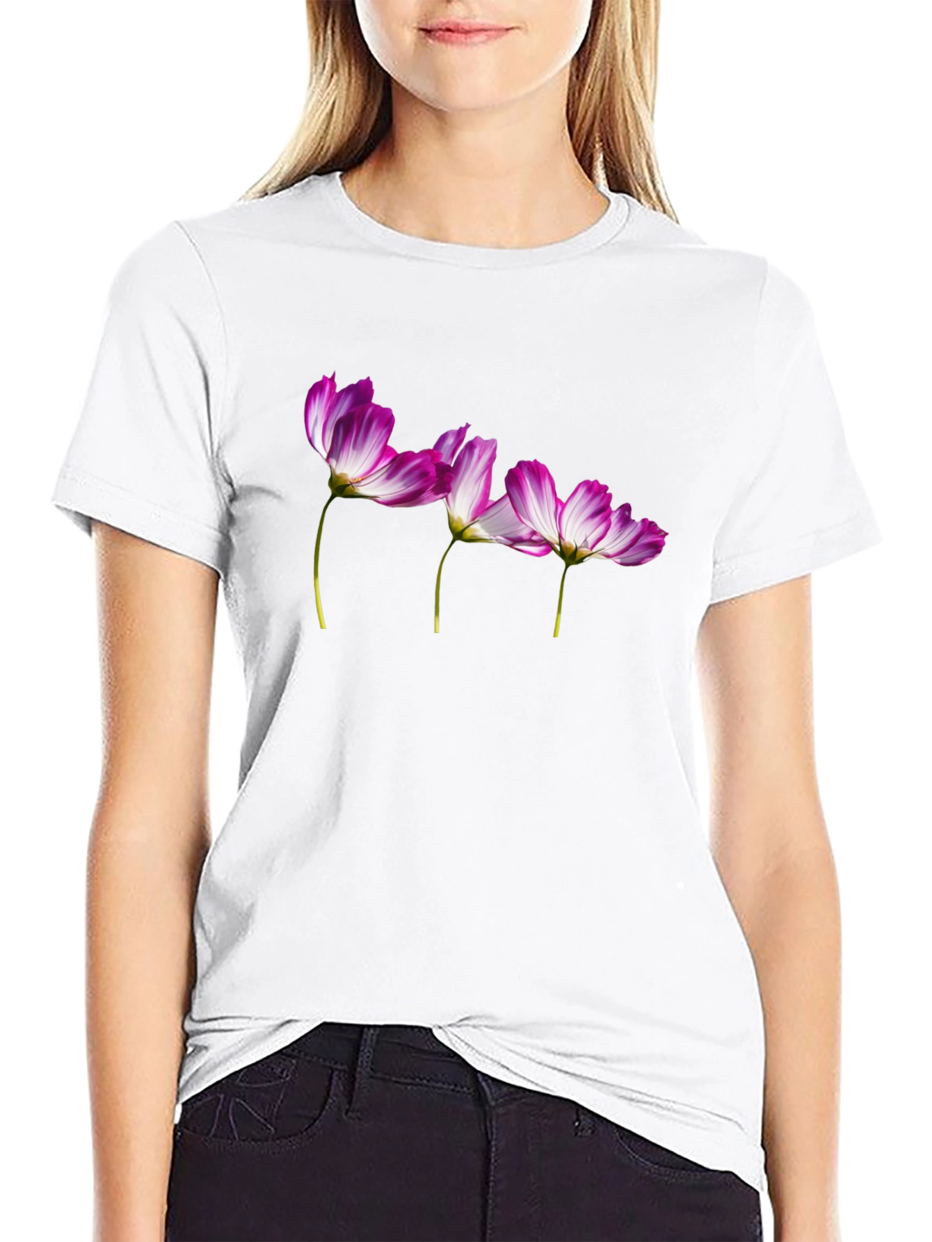 Floral Print T-Shirt - Black Casual Tee