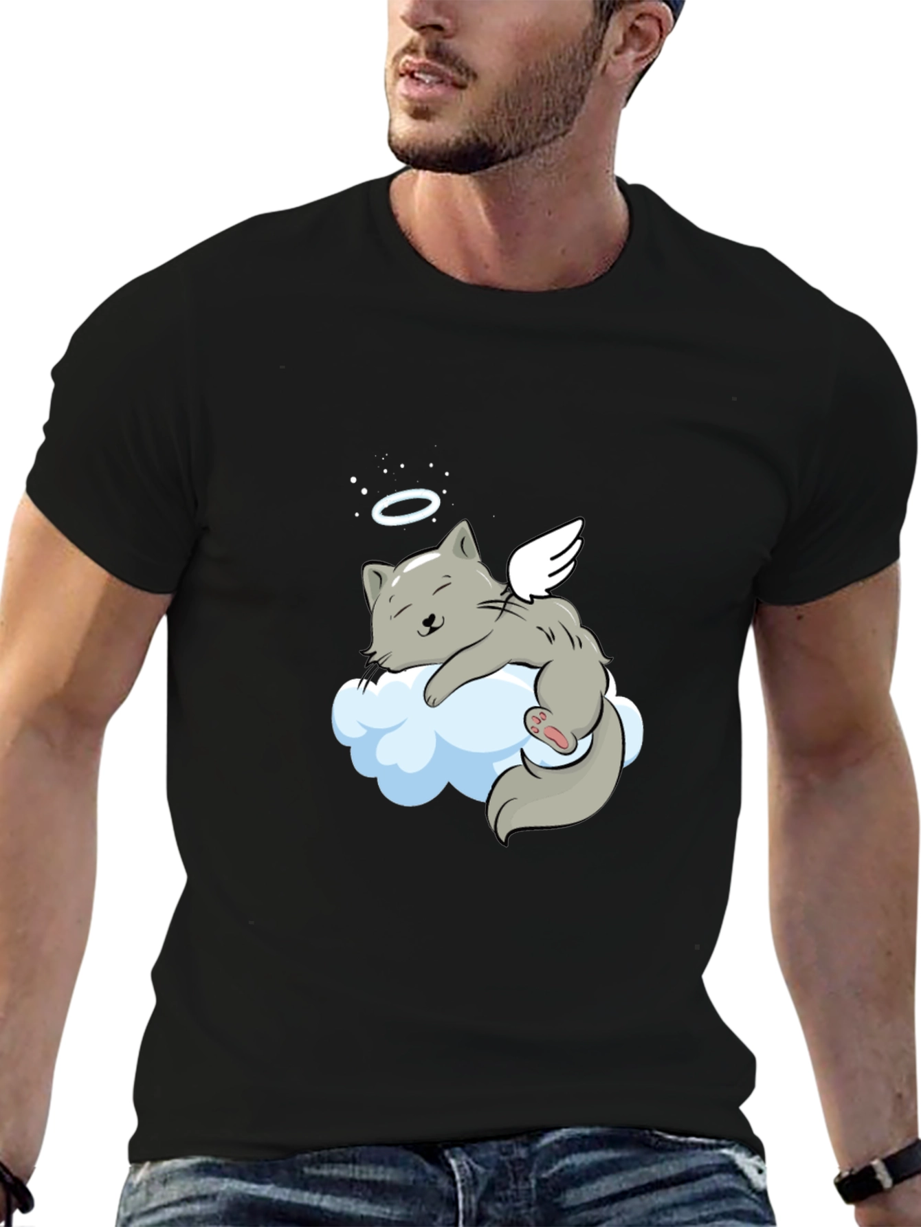 Angel Cat Cloud T-Shirt -  Comfy Black Tee