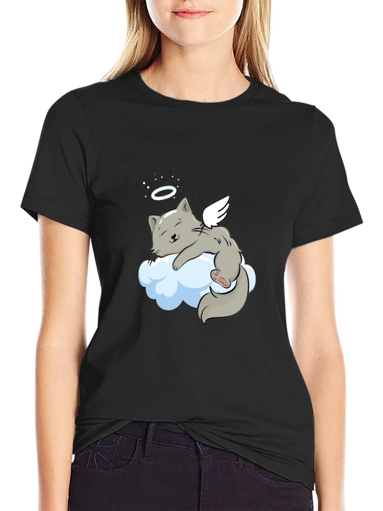 Angel Cat Cloud T-Shirt -  Comfy Black Tee