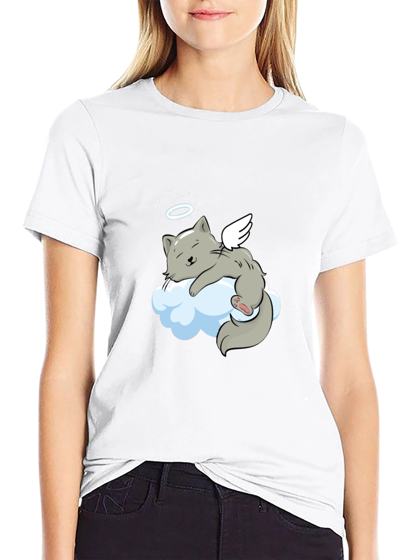 Angel Cat Cloud T-Shirt -  Comfy Black Tee