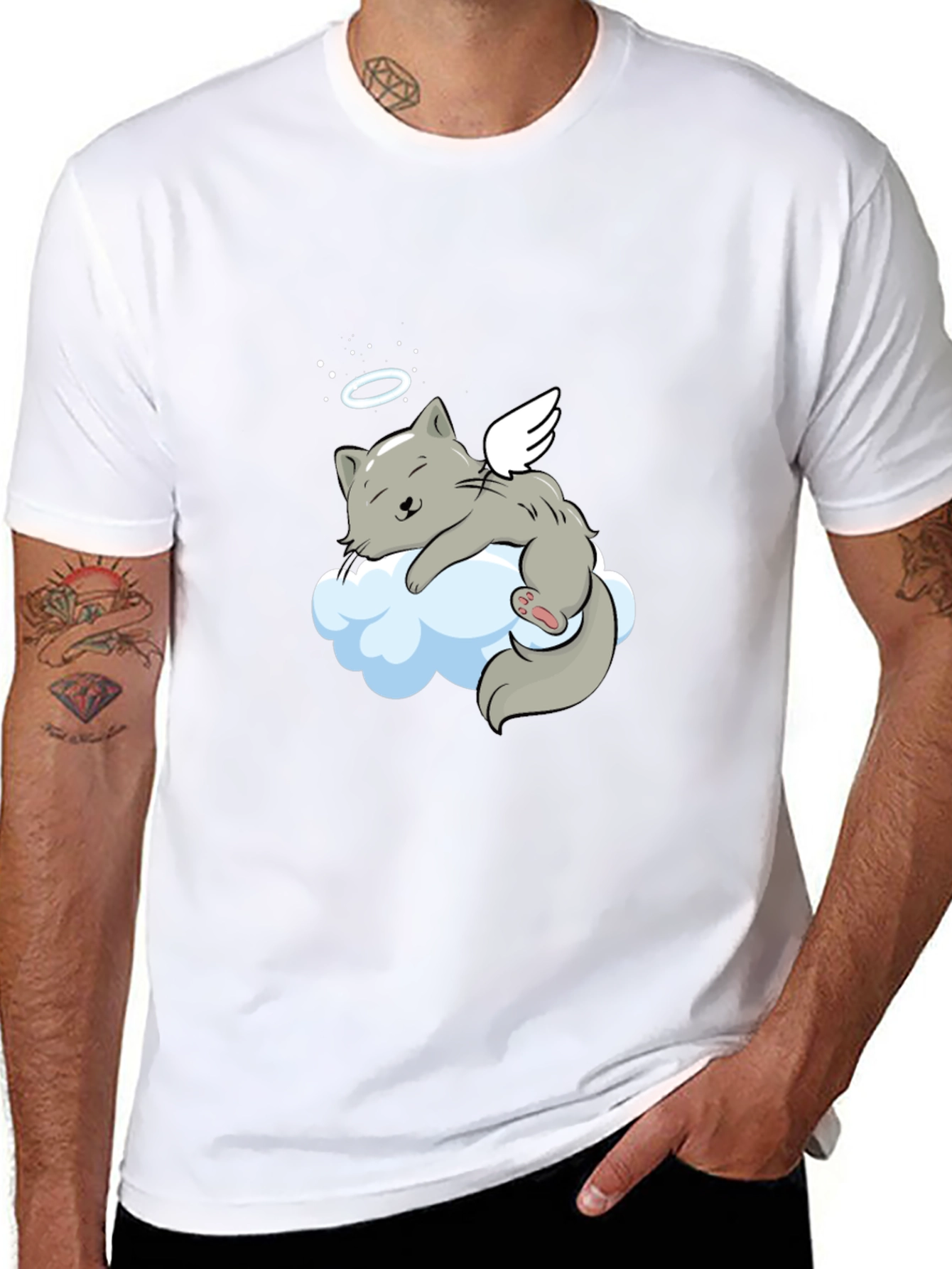 Angel Cat Cloud T-Shirt -  Comfy Black Tee