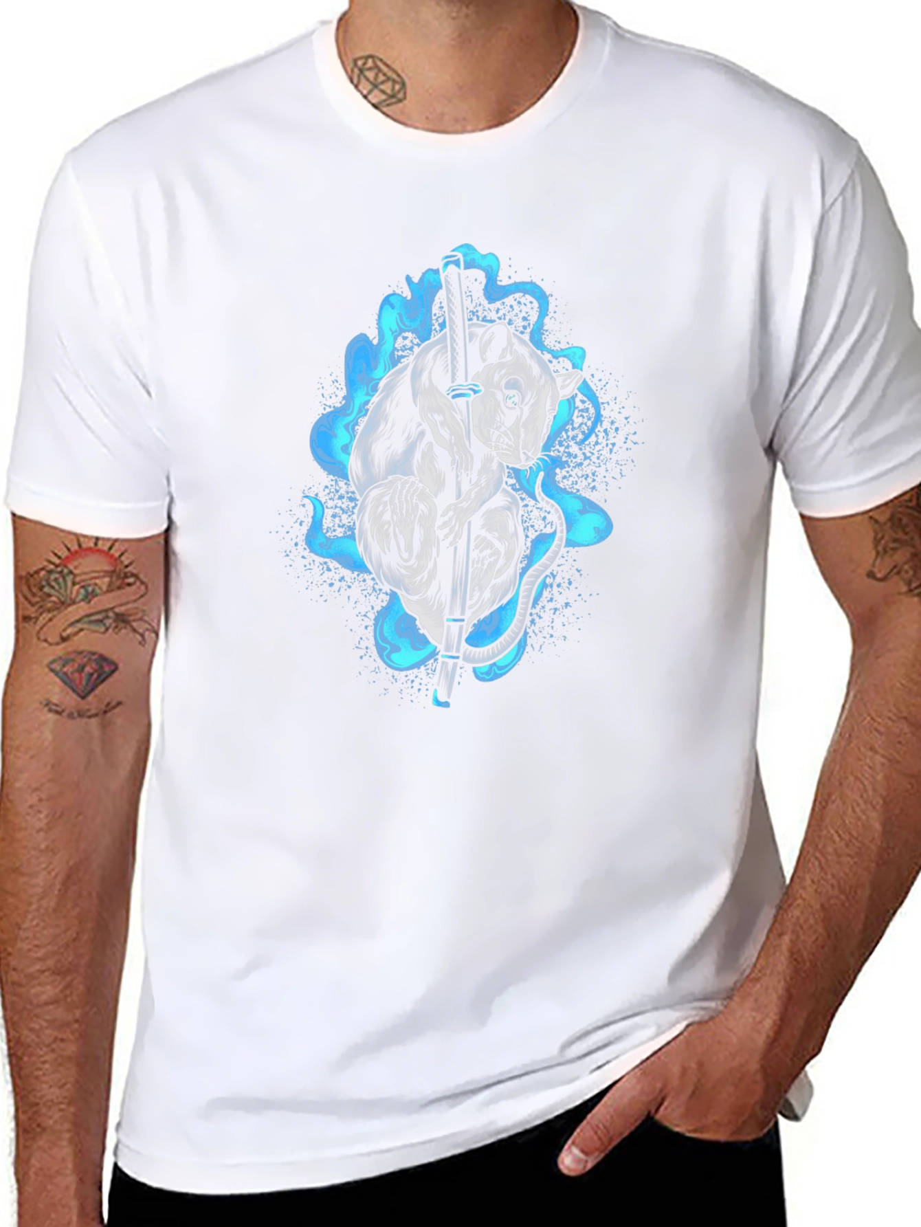 Ninja Rat T-Shirt - Katana & Blue Flame