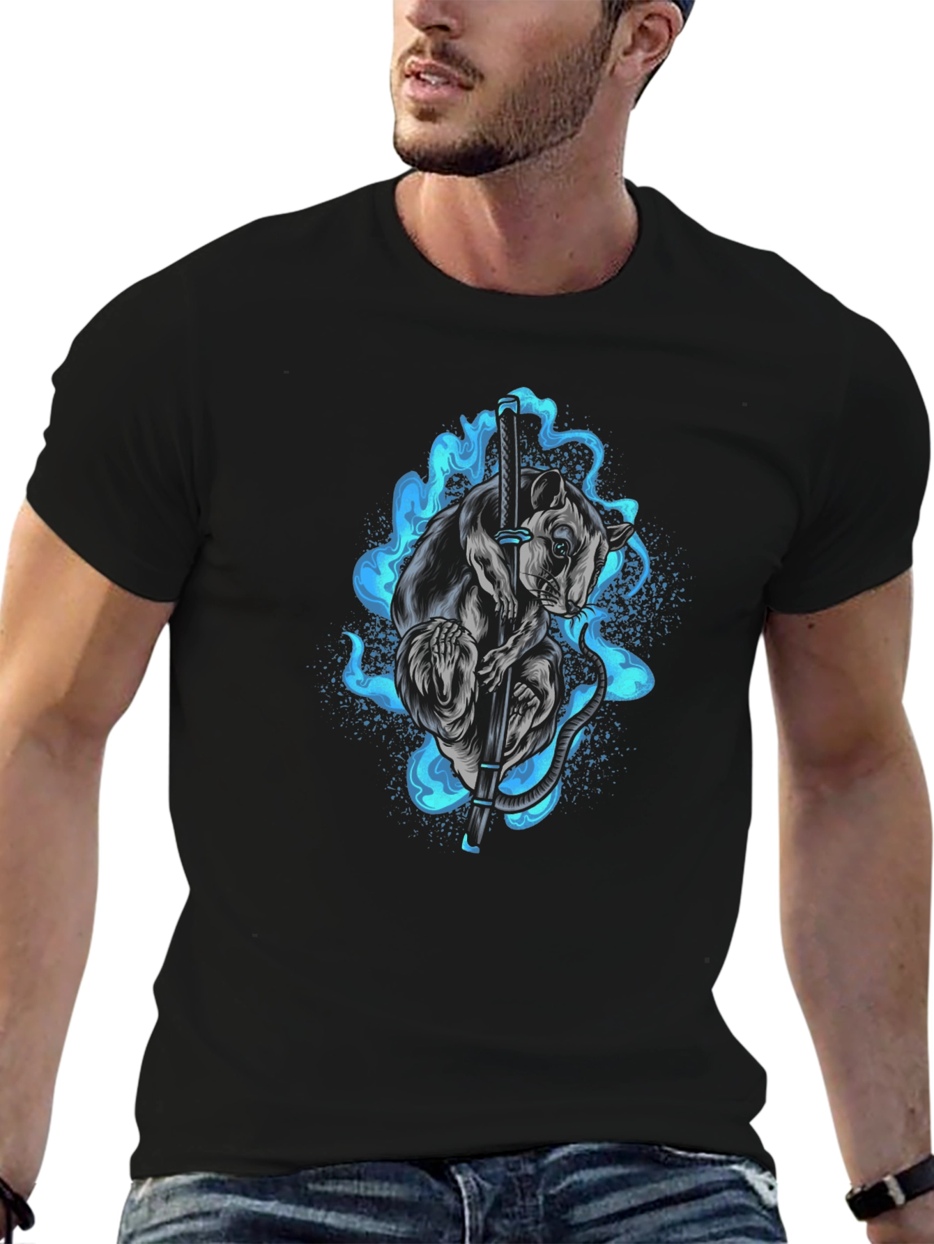 Ninja Rat T-Shirt - Katana & Blue Flame