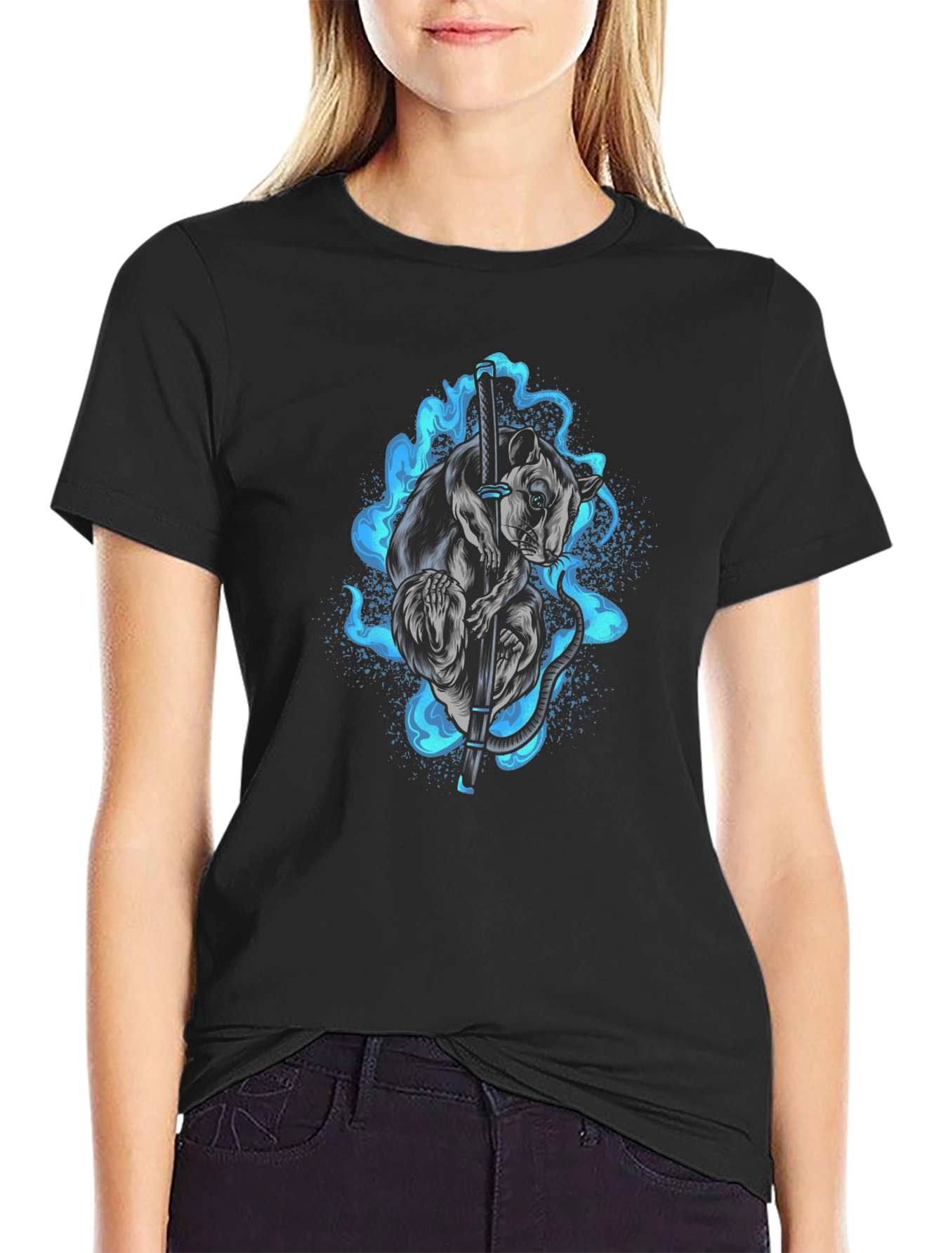 Ninja Rat T-Shirt - Katana & Blue Flame