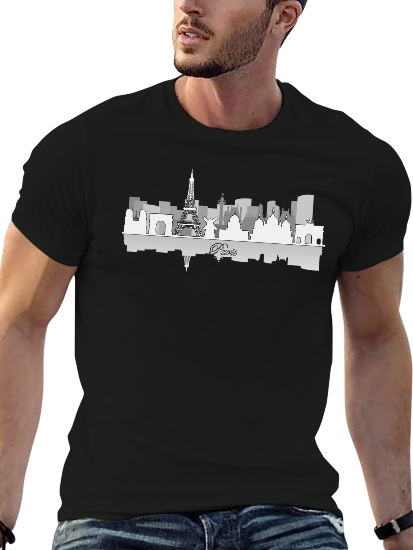 Paris Skyline Graphic Tee - Black Cotton Blend T-Shirt