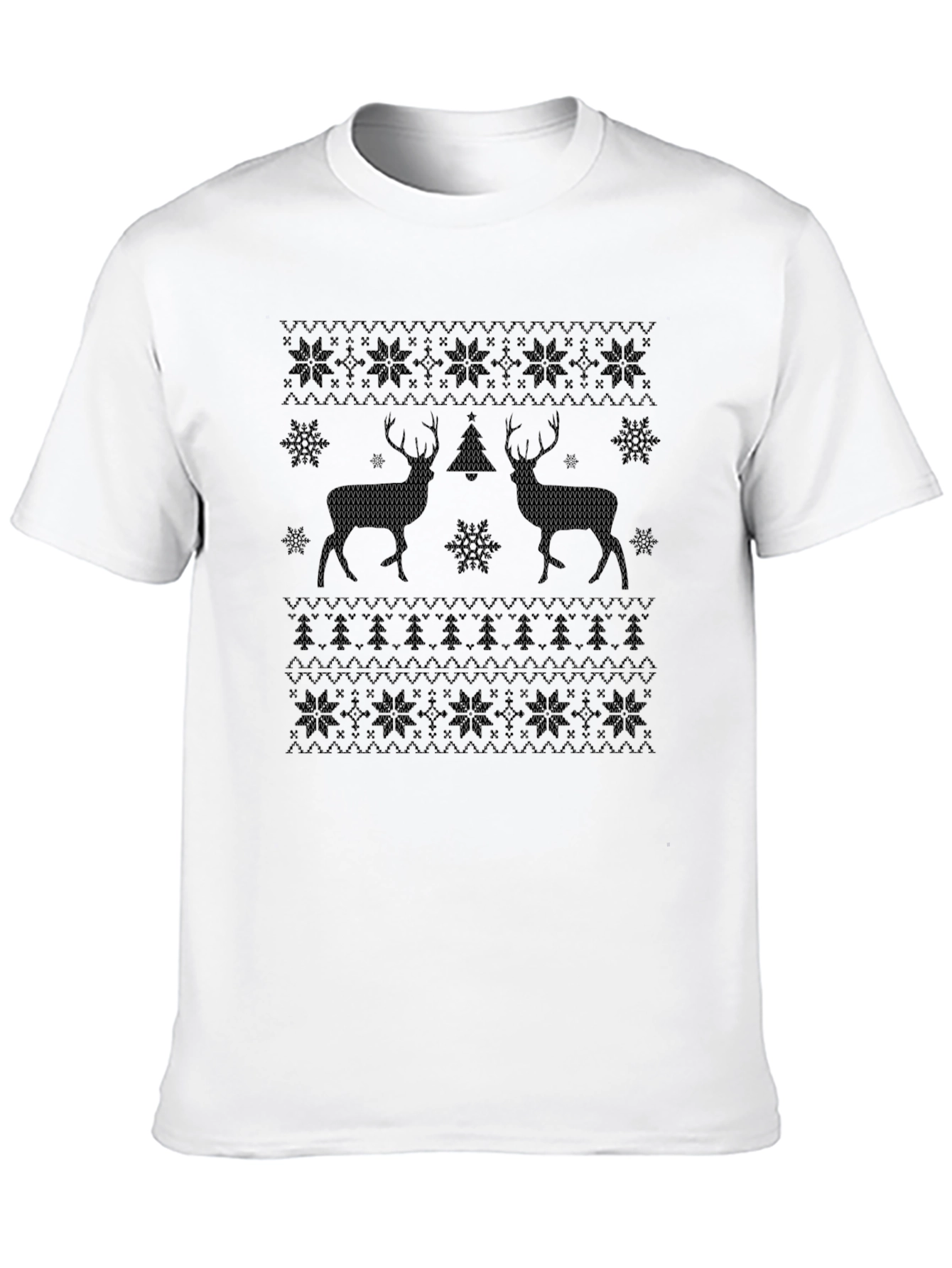 Christmas Deer Pattern Black T-Shirt