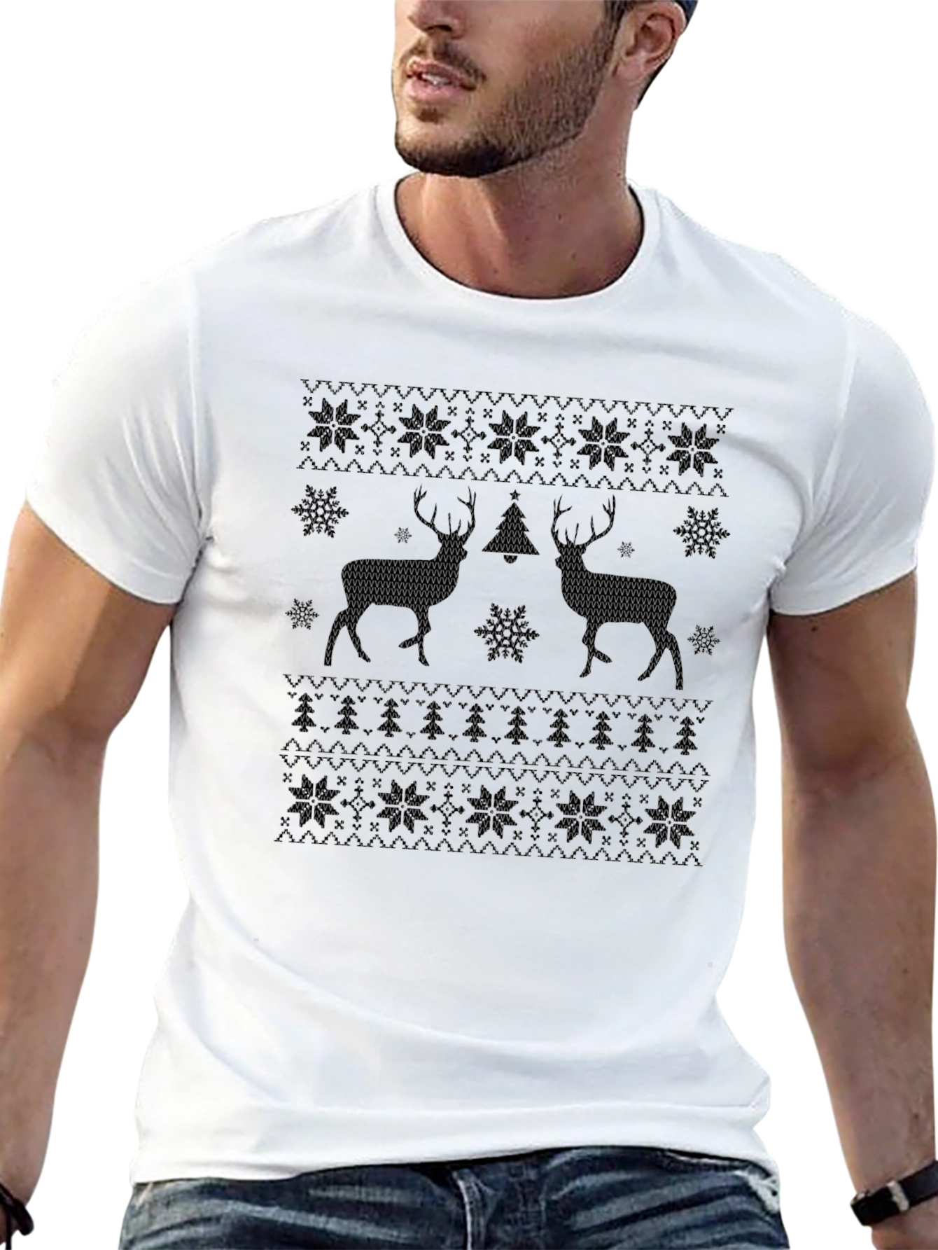 Christmas Deer Pattern Black T-Shirt
