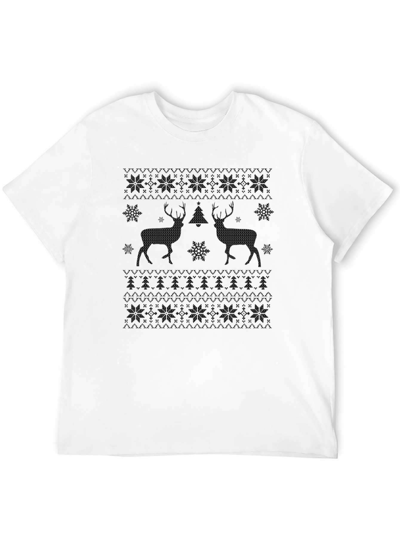 Christmas Deer Pattern Black T-Shirt