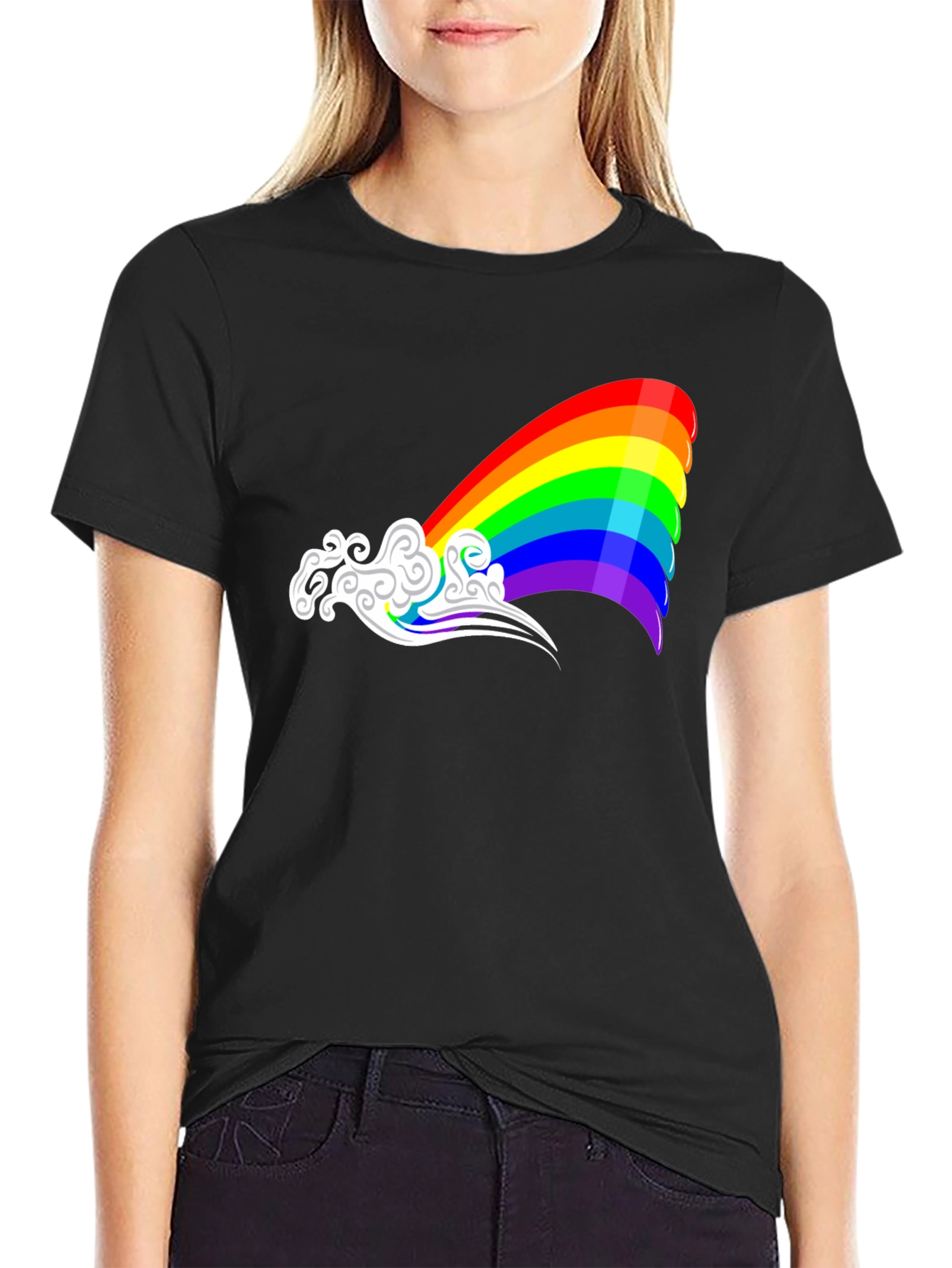 Rainbow Cloud Graphic Tee - Black Casual Shirt