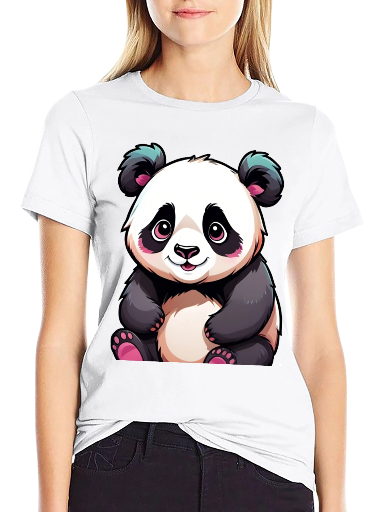 Cute Cartoon Panda Black T-Shirt