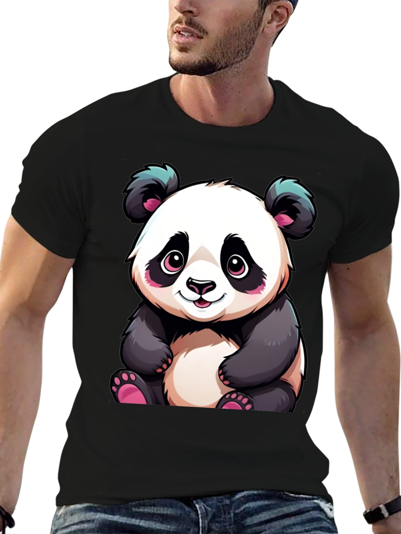 Cute Cartoon Panda Black T-Shirt