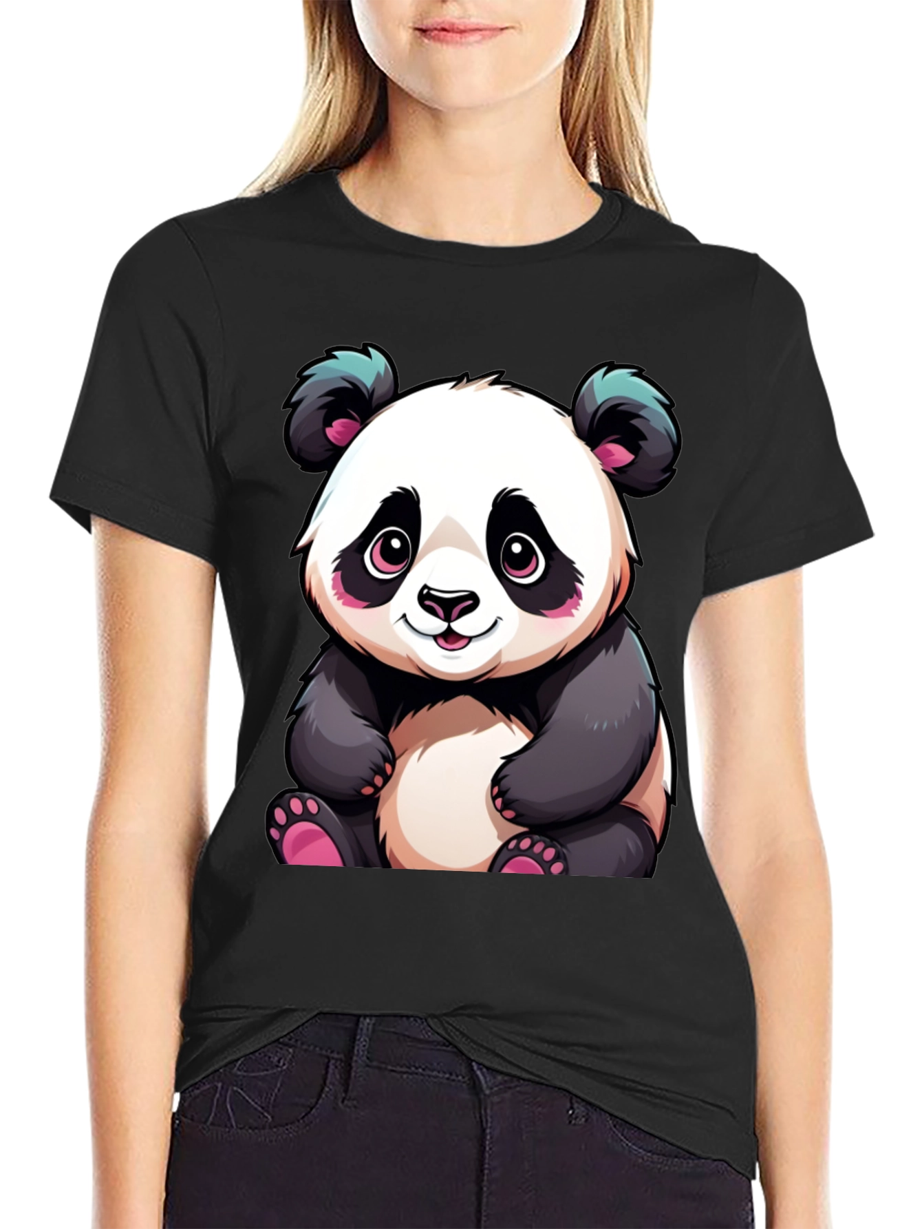 Cute Cartoon Panda Black T-Shirt