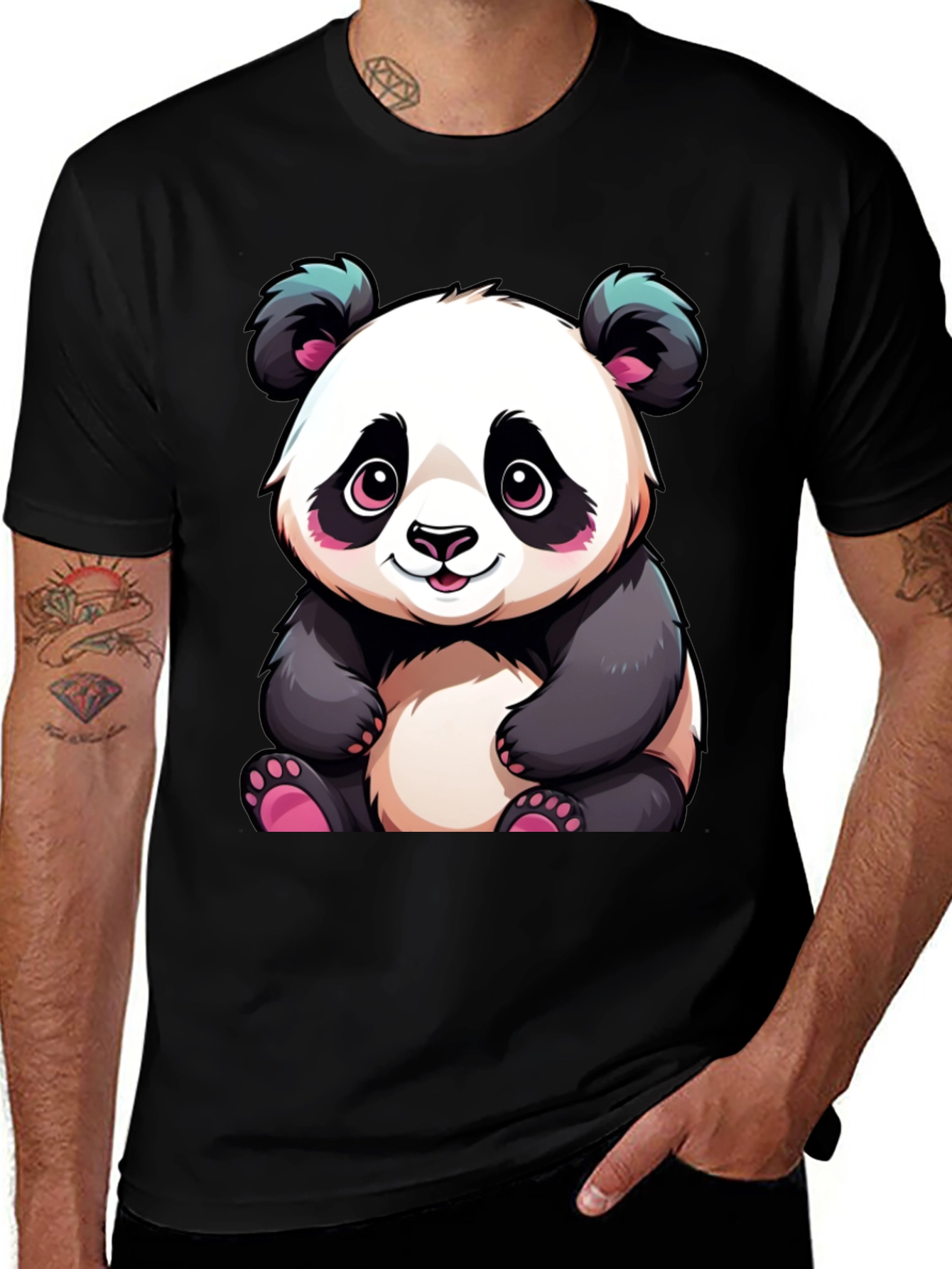 Cute Cartoon Panda Black T-Shirt