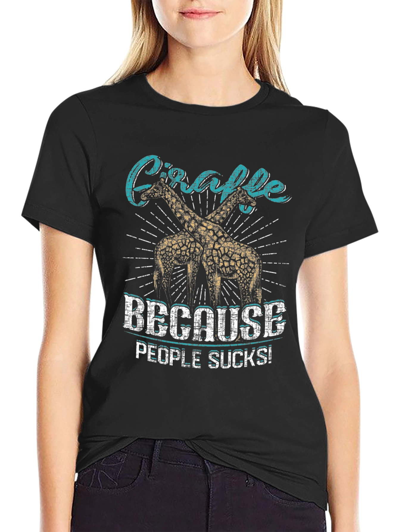 Giraffe Because People Suck Black Graphic T-Shirt