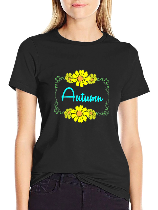Autumn Floral Graphic Black T-Shirt