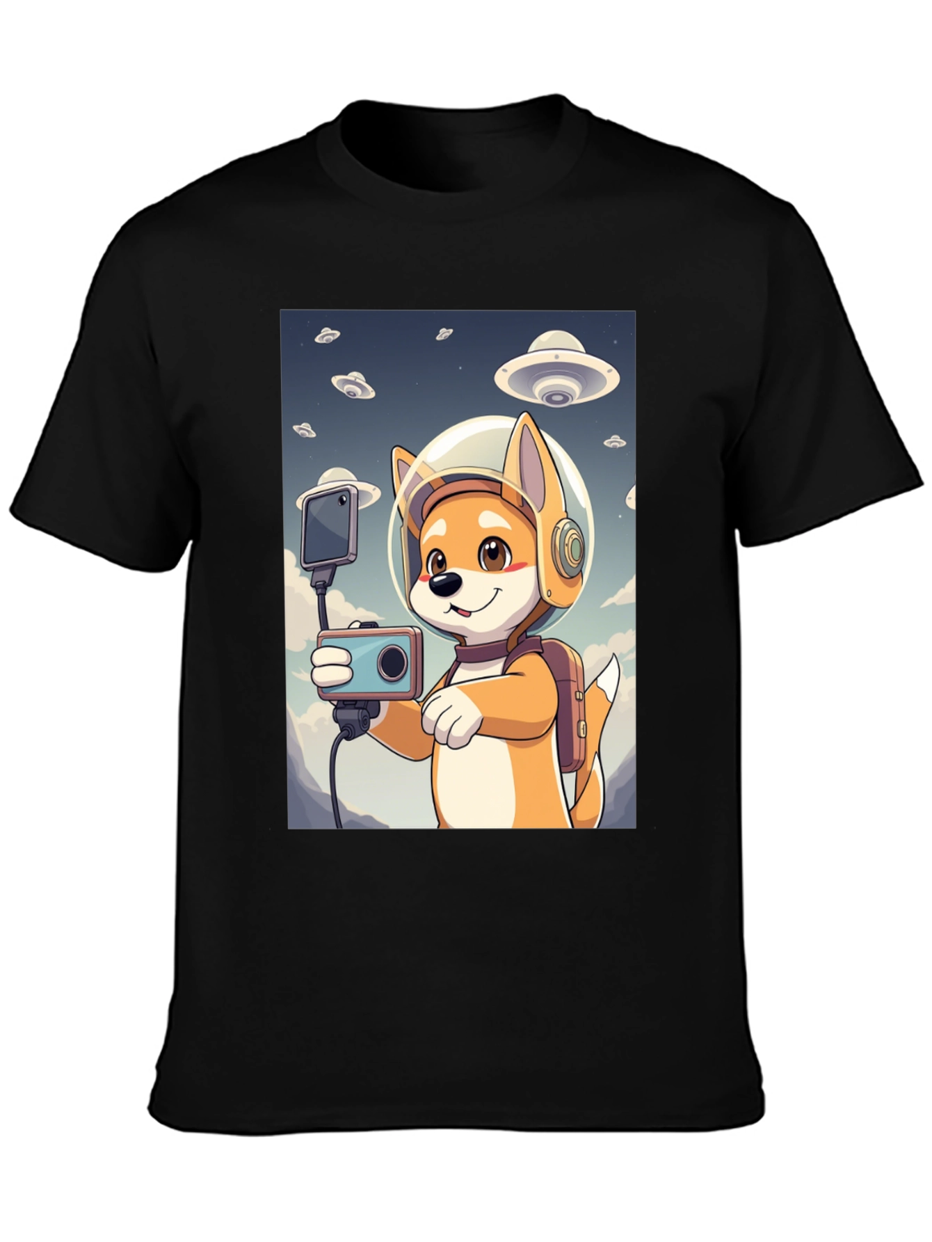 Dog Astronaut Selfie Black T-Shirt