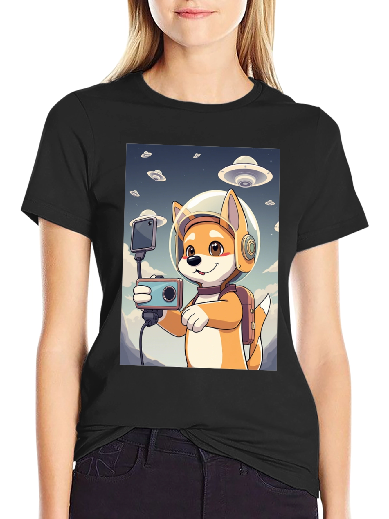 Dog Astronaut Selfie Black T-Shirt