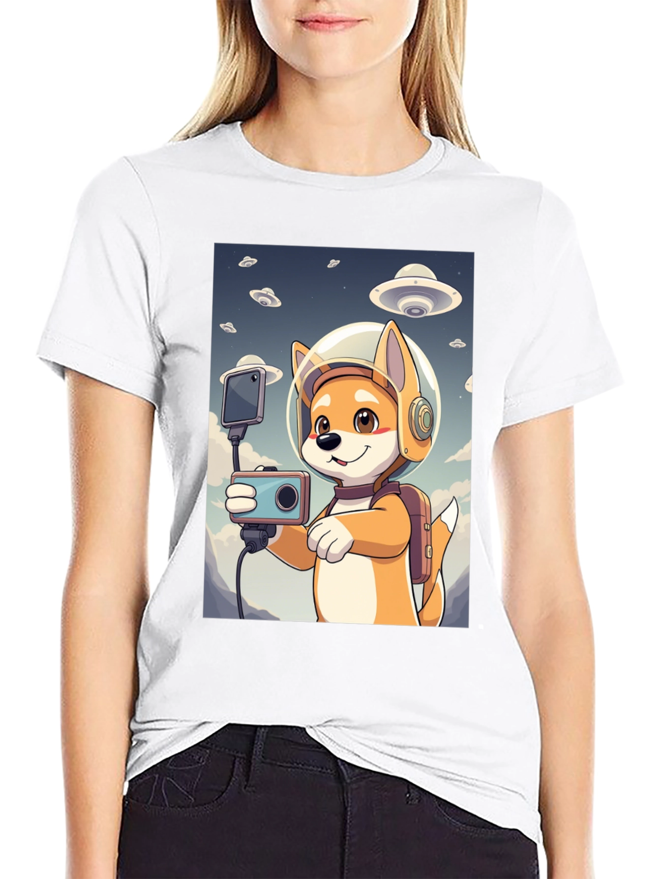 Dog Astronaut Selfie Black T-Shirt