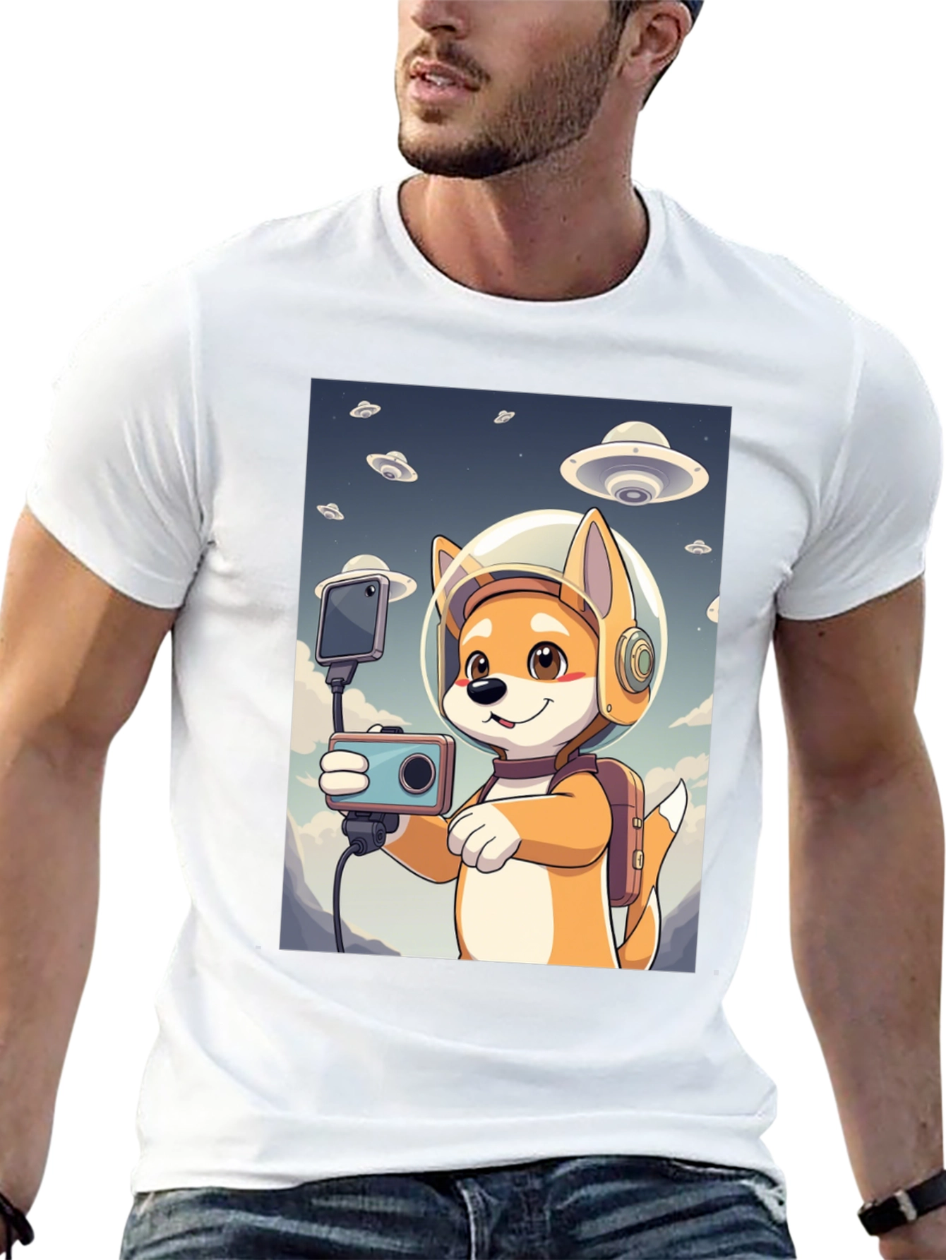 Dog Astronaut Selfie Black T-Shirt