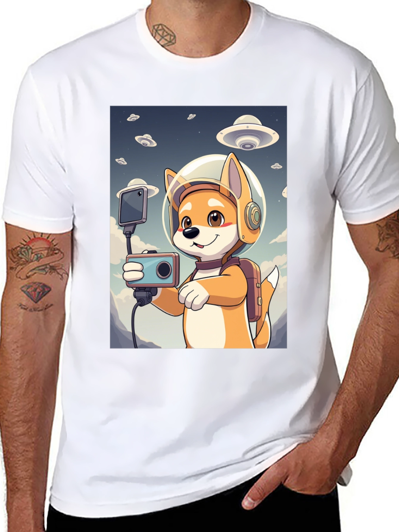 Dog Astronaut Selfie Black T-Shirt