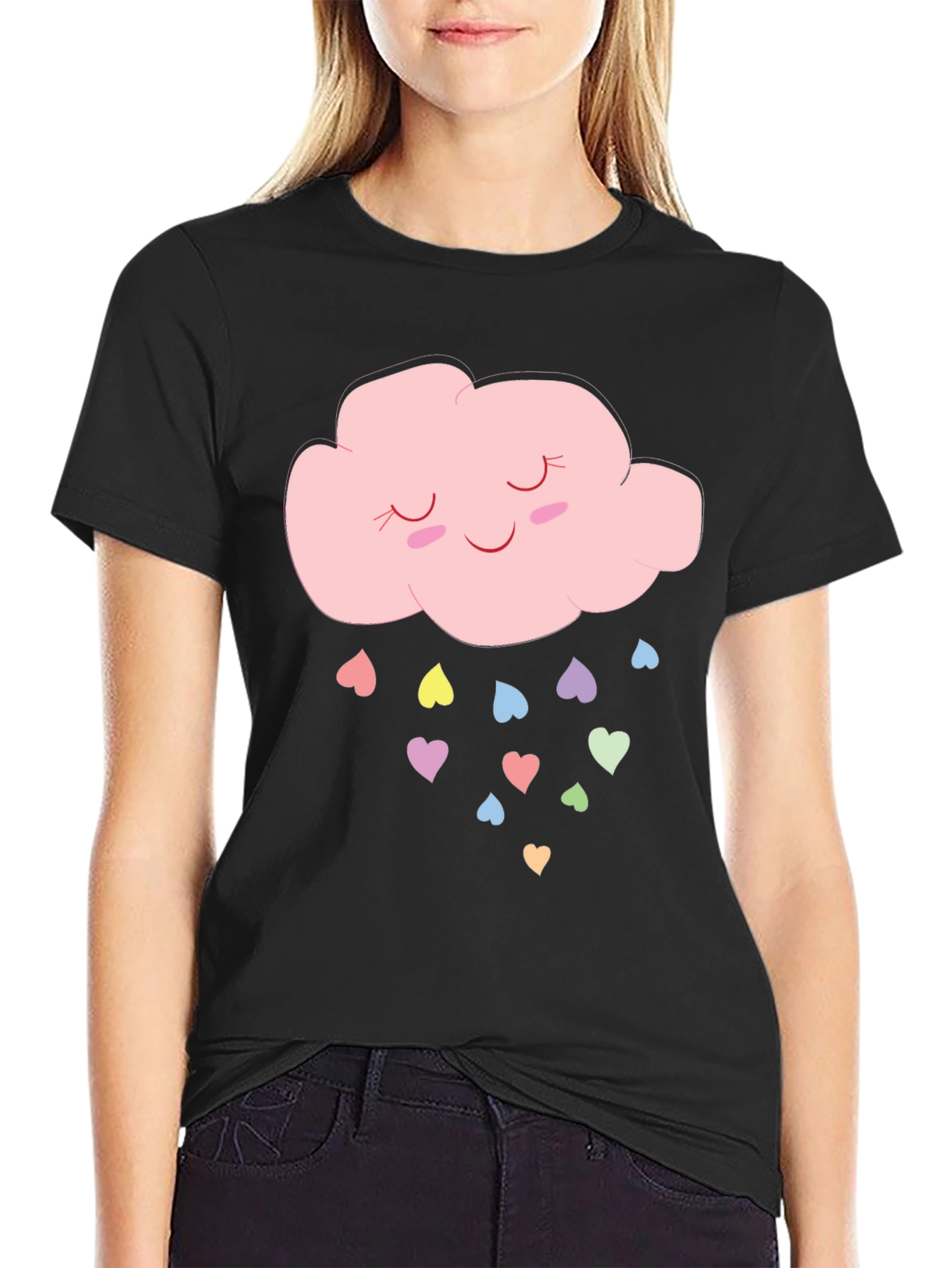 Cute Cloud & Hearts Graphic T-Shirt - Black
