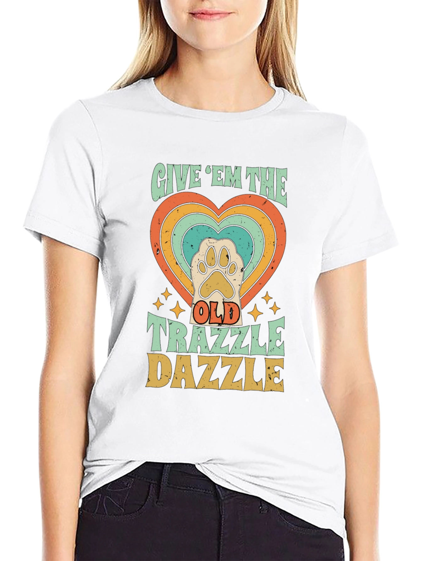 Retro Trazzle Dazzle Pet Paw Heart T-Shirt