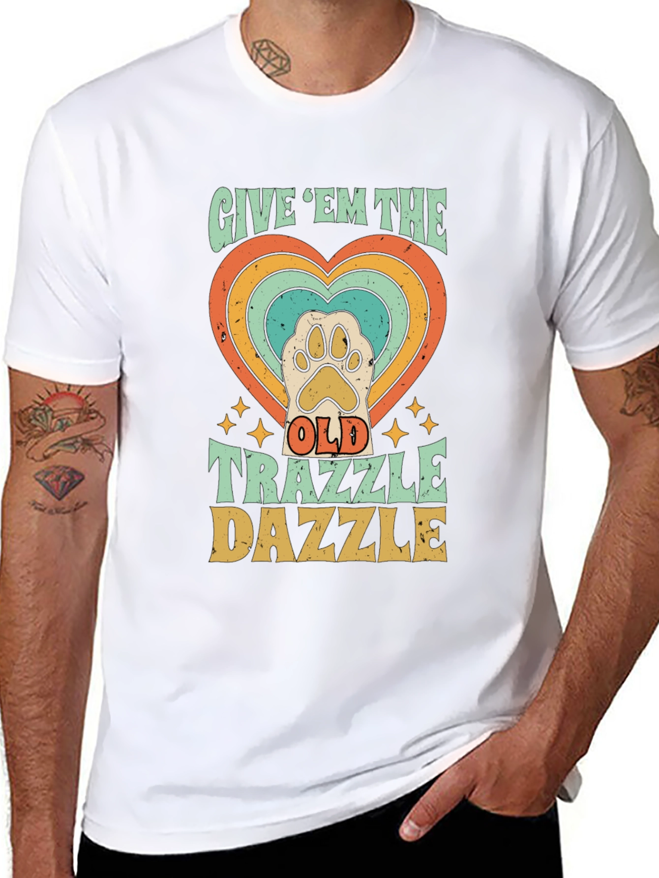 Retro Trazzle Dazzle Pet Paw Heart T-Shirt