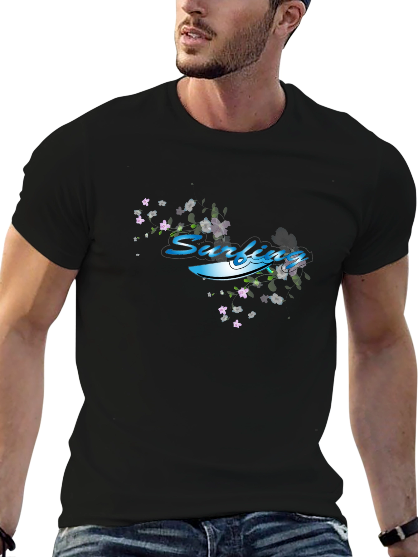 Surfing Graphic T-Shirt - Black Cotton Tee
