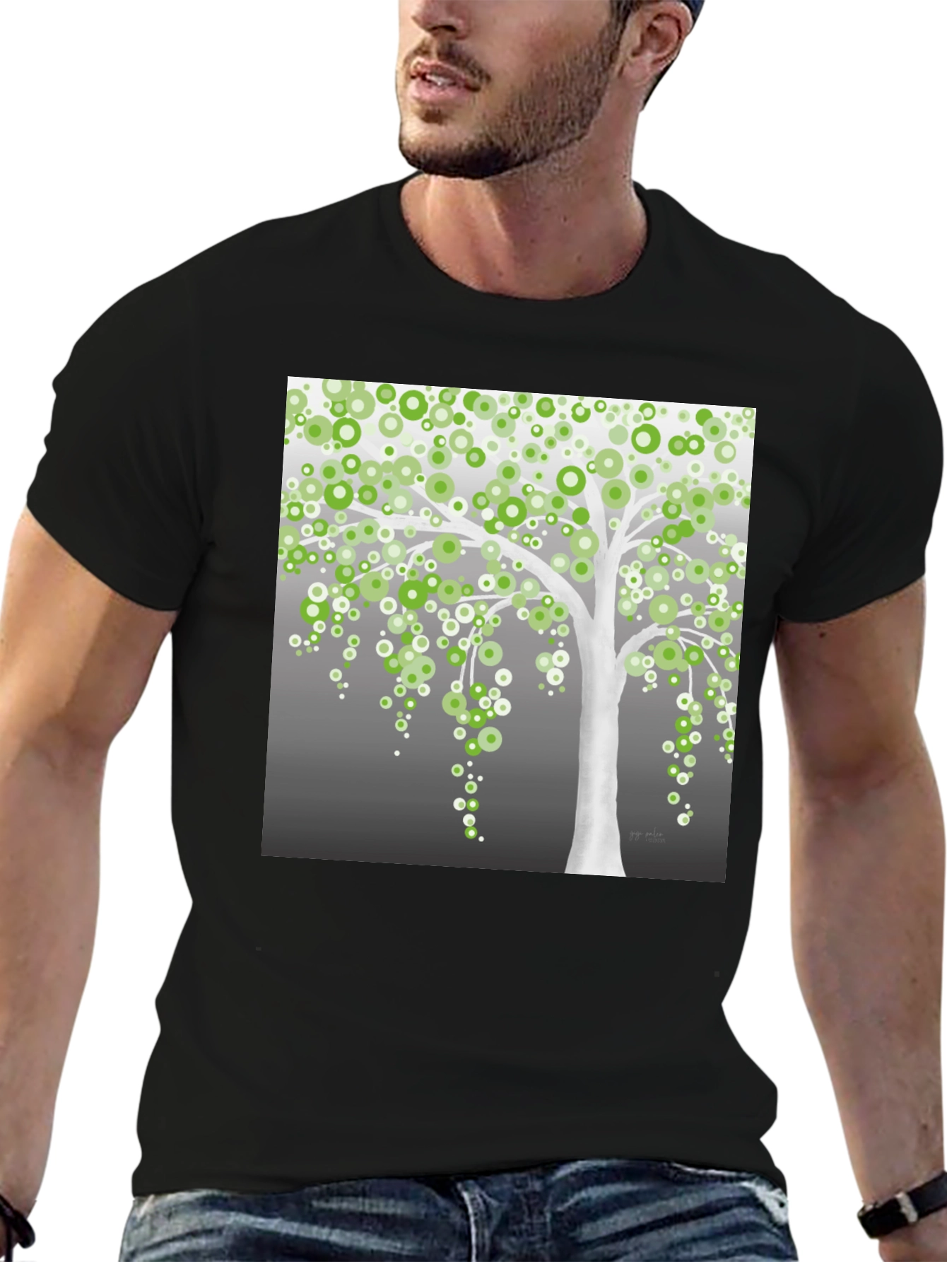 Green Circle Tree Black T-Shirt