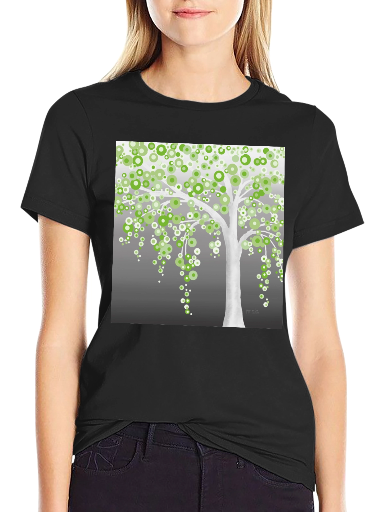 Green Circle Tree Black T-Shirt