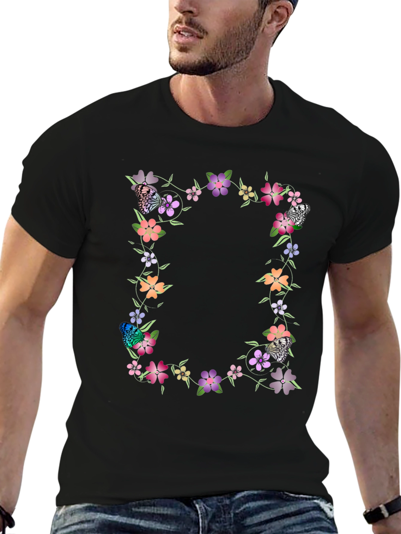 Floral Butterfly Black T-Shirt