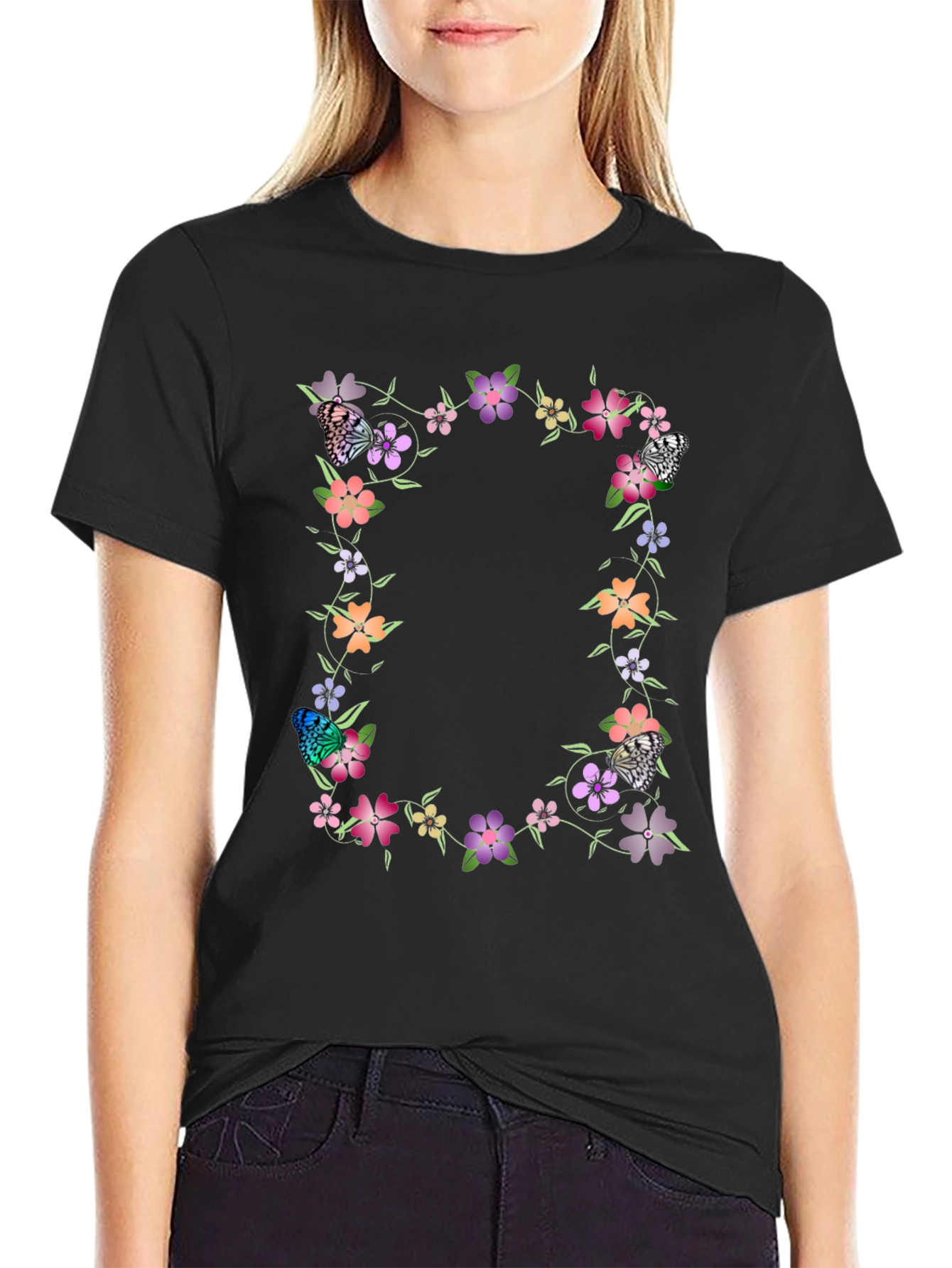 Floral Butterfly Black T-Shirt