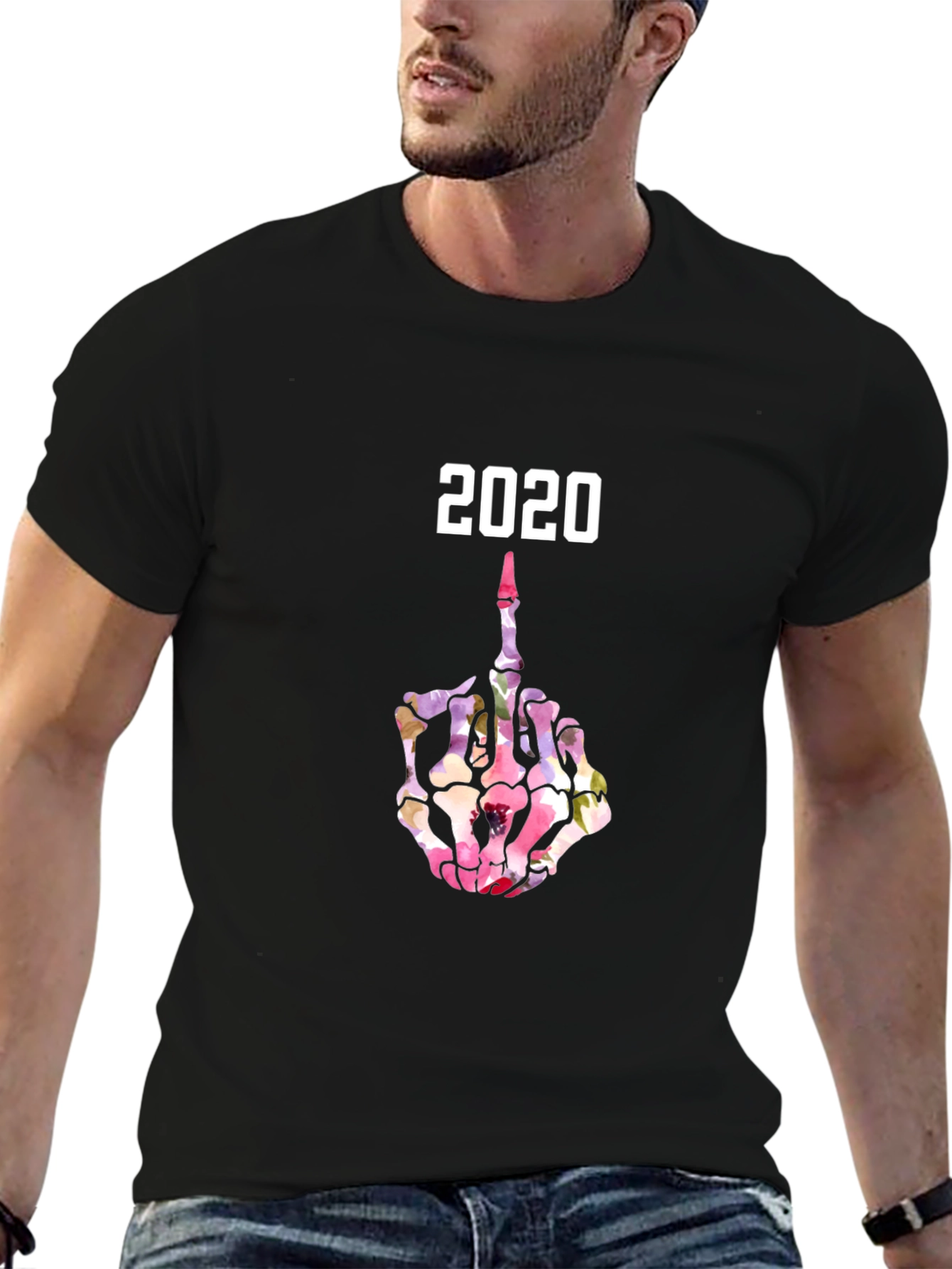 2020 Floral Skeleton Middle Finger Graphic T-Shirt